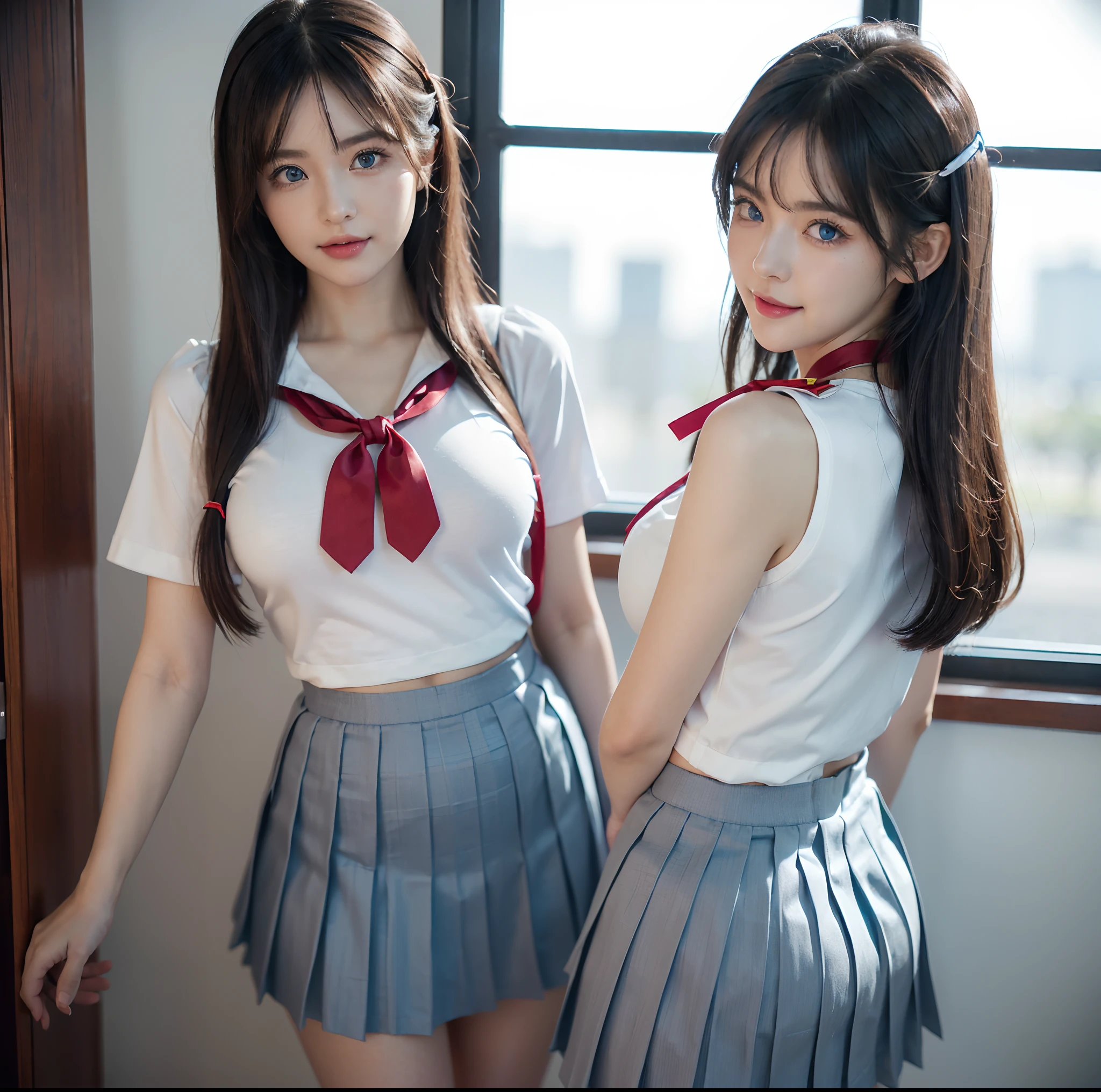 (A trio of super cute Korean gal high school girls take a photo together 1.2)(grin,Smile)(Beautiful Sweat:1.1)(16k, RAW Photos, Highest quality, masterpiece: 1.2),(Mr.々Beautiful blonde with a stylish hairstyle:1.2) Super detailed, Super Resolution, (Genuine, Genuine photos: 1.37), Portraiture, High-resolution RAW color photos, Professional photos, Very detailed, 8k wallpaper, Very detailed CG Unity 8k wallpaper, Very detailed beautiful girls, Very detailed faces, ((whole body)), beautiful woman, Huge breasts,(huge boobs:1.1) (Big Boobs:1.1), Beauty college student (A tight, girly, navy sleeveless with ribbon.),high school girl, Korean Girls,(K-POP Female Idols), (Idol-class beauty)(Beautiful high school girl:1.1)(Emergency stairs in school building)(18-year-old)(Stylish school uniform-style outfit:1.1)(Group photo:1.3)(from side)