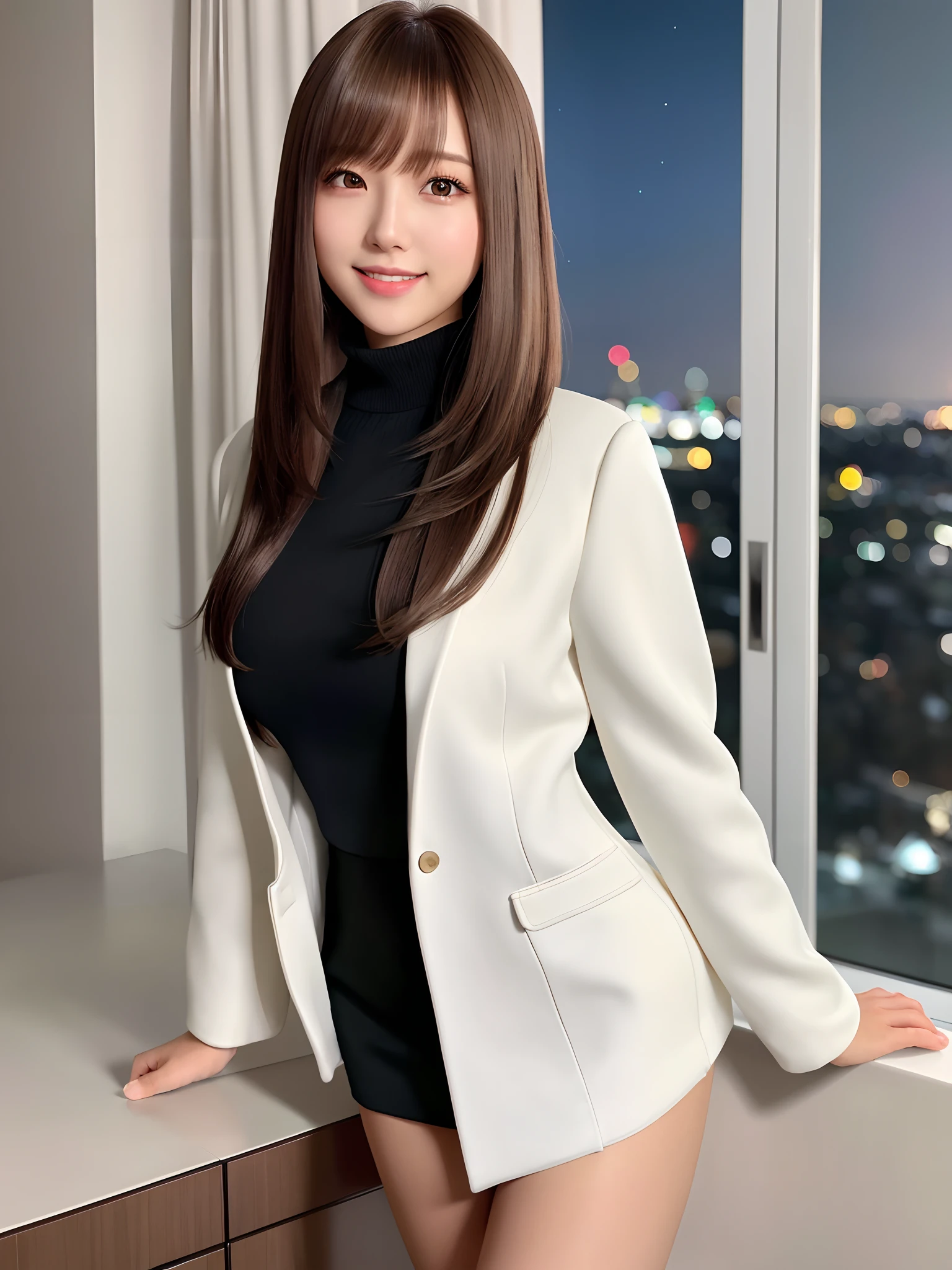 mastepiece, 1 girl per 1 photo, upper body shot, front view, a Japanese young pretty girl, long bob hair, standing in front of a beautiful night view with a big smile in a room of a luxury hotel in the night, beautiful night view, a white jacket over a black turtleneck sweater, black miniskirt, black leather long boots, hyper cute face, glossy lips, double eyelids for both eyes, natural makeup, shiny smooth light brown hair of long bob hair, asymmetrical bangs, high resolution, high detail, detailed hairstyle, detailed face, cinematic lighting, octane rendering, hyper realistic, perfect limbs, perfect anatomy