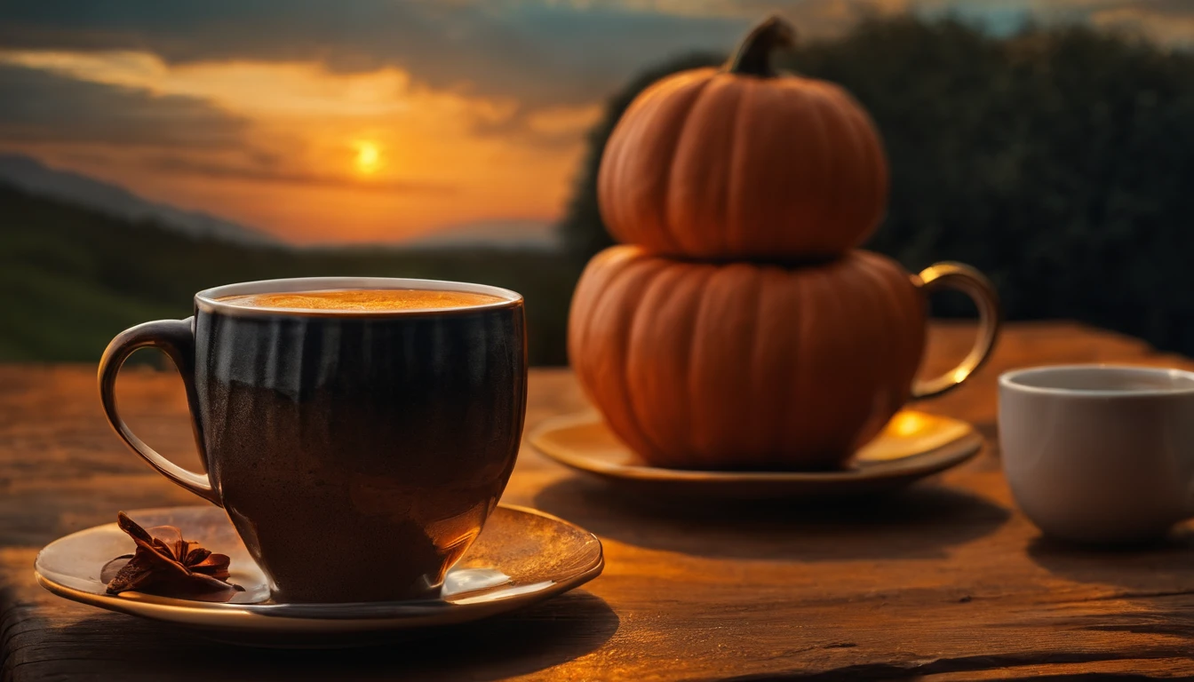 a cup of coffee in the morning, sunrise, pumpkin
