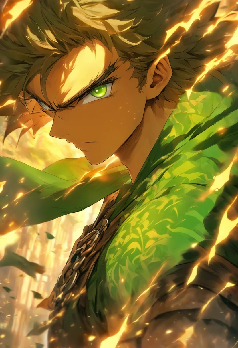 This young man was of a relatively tall and lean build, with sharp and inquisitive green eyes that darted about his surroundings. His light, coppery brown hair, tied back and low, flowed in the wind, its natural waves played with by the breeze that also gently shook the branches over his head. The sun shone through the leaves, casting dappled shadows on his light skin and soft, handsome features. He wore a set of rugged yet high quality clothes under a green longcoat of a more durable cloth, with the practical addition of leather gear fit for traveling. At his side, on the belt that tied the waist of his coat close, a bastard sword was strapped