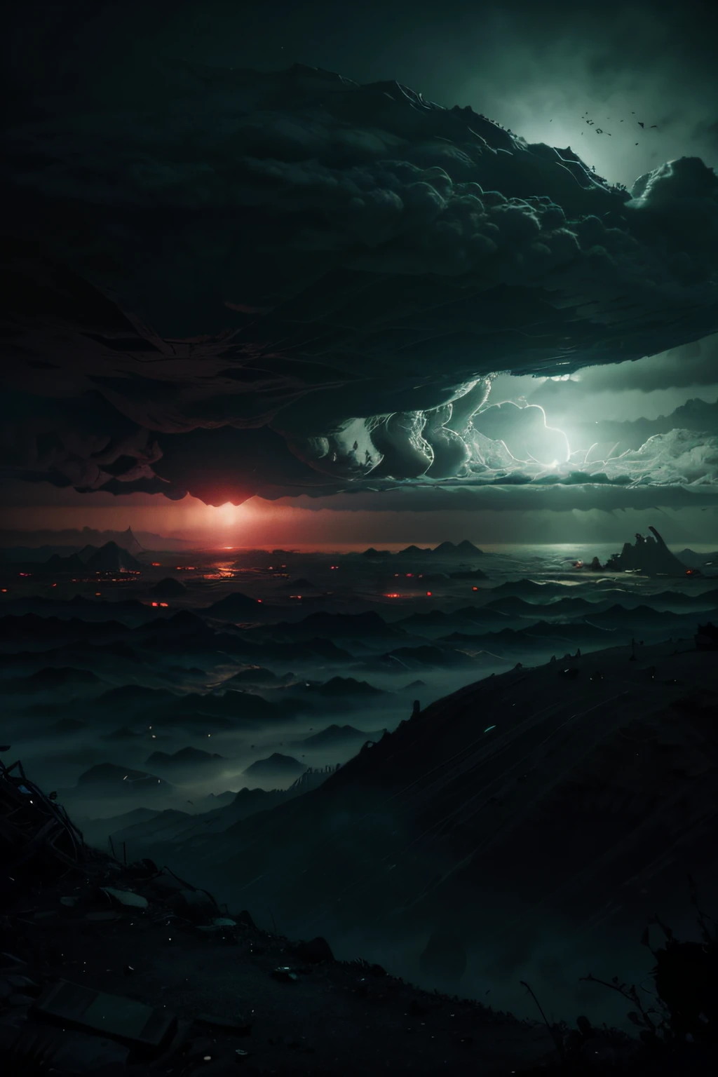 Post-apocalyptic universe, ultra realista, luzes misteriosa, atmosfera sombria, cores quentes, noite profunda, 4k, super detalhista