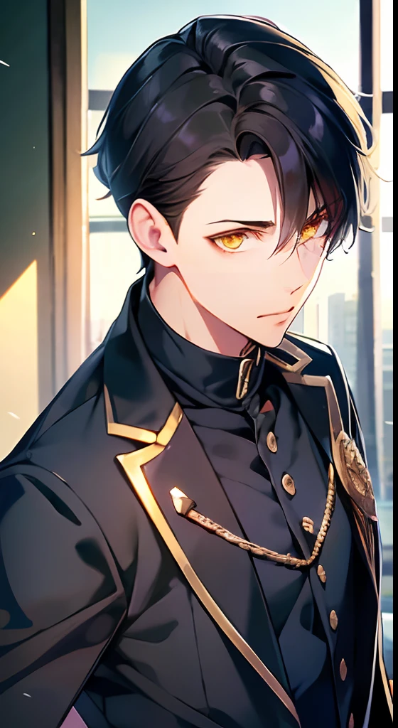 1boy, short navy hair, white highlights in hair, golden eyes, wearing black school uniform, classroom, standing on ground, high res, ultra sharp, 8K, masterpiece