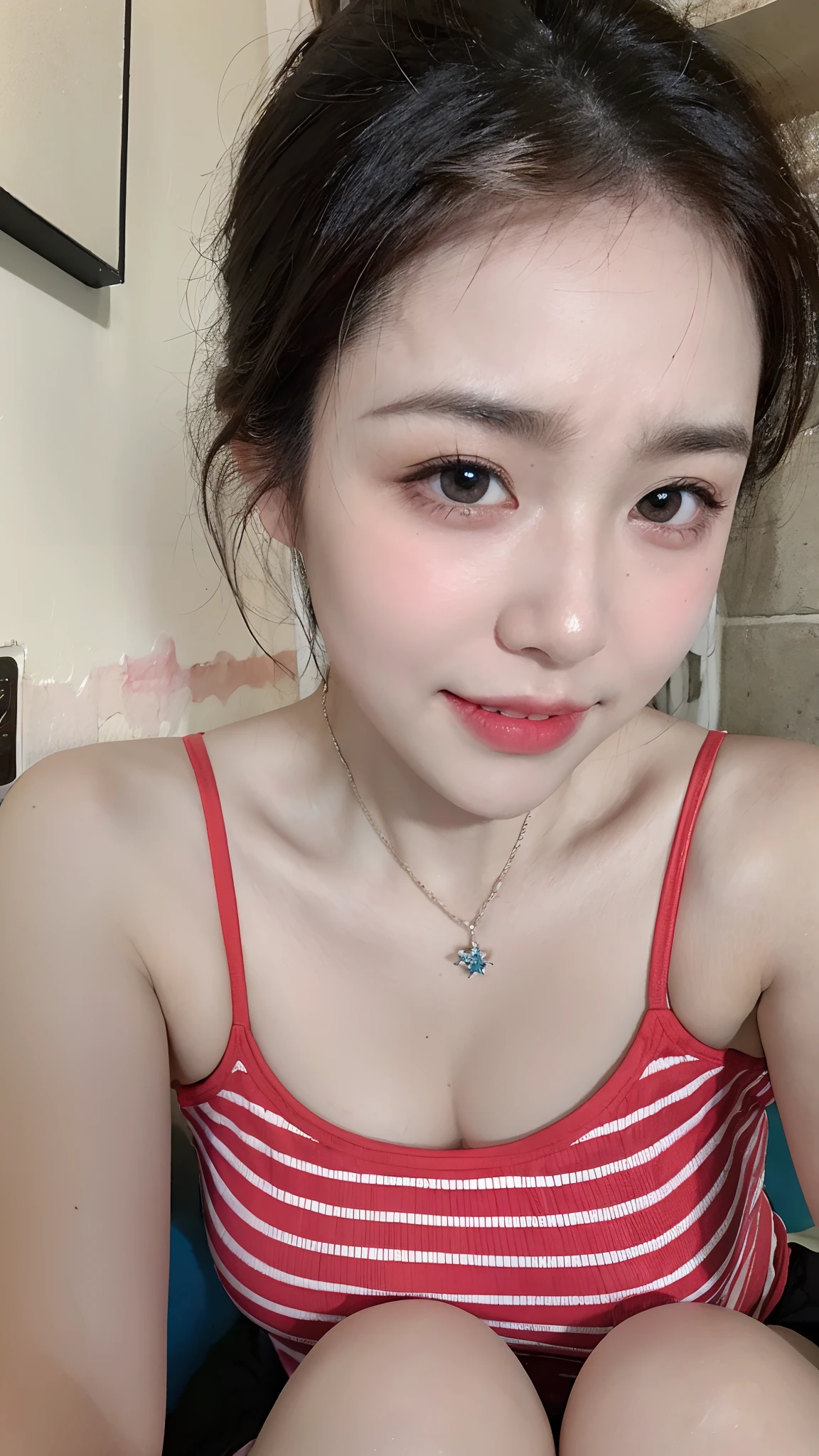 Top quality, Masterpiece, 超高分辨率, (Realistic, : 1.4), Original photo, (True skin texture: 1.3), (filmgrain: 1.3), in a panoramic view, Portrait, Very wide lens, Narrow waist, cowboy lens, (bangs, Inconspicuous, Cold light,) Night, Close-up, Tears, Short hair, neck long, ears sticking out, bangs, Big eyes, Brightly Colored Eyes, In the house, Dust, Tindall effect, (Facial expression), Sitting, (hitting a wall), Crying, Frowning, (Looking down), Nervousness, Tears, smiling happily
one girl, eyes and face with beautiful details, White jabot, pink dark V, Brown eyes,