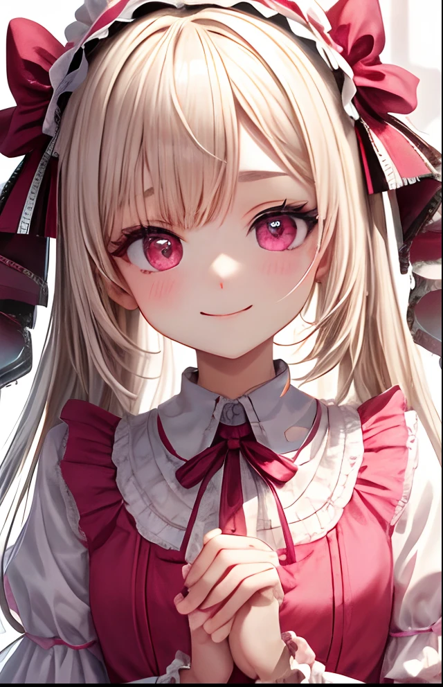 girl with、No background、without background、Background through、Golden white hair、Pink ash、short-cut、Bangs so long that you can't see them in one eye、Sareme、drooping eyebrows、Pink eyes、Pink eyes、Pink uniform、Pink Lolita Fashion、Pink onepiece、frilld、Striped ribbon、A smile、Kind face、kawaii、without background