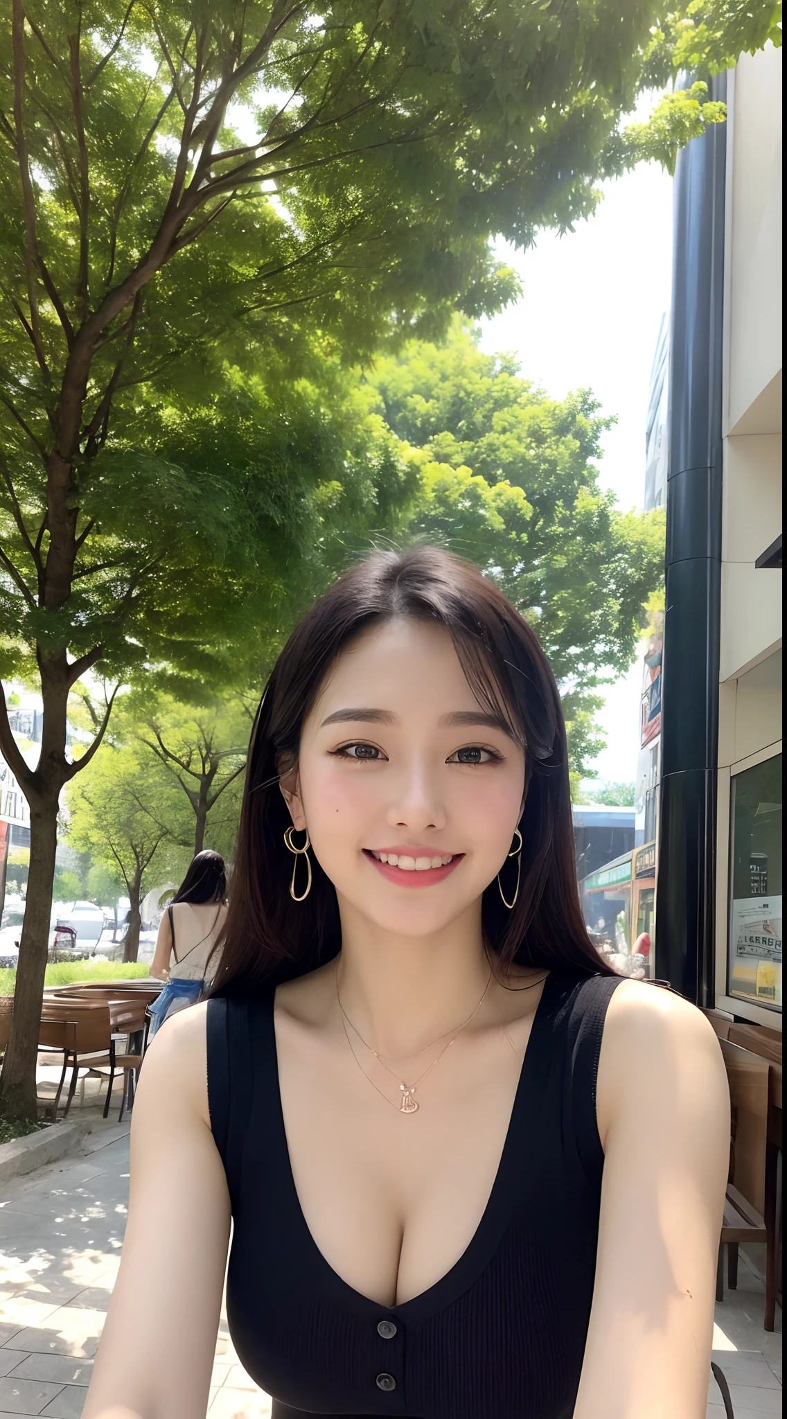 ((Top image quality、8K、masterpiece:1.3))、The upper part of the body(1.3)、爆乳(5)、Excellent style、Gentle face、A smile、natural make up、Clothing that emphasizes cleavage、Refreshing、City trees々Eat lunch at a café in the sun from between、short-hair、piercings、a necklace、Sleeveless、Raise your arms
