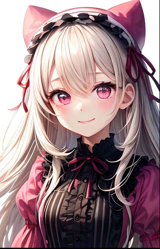 girl with、No background、without background、Background through、Golden white hair、Pink ash、short-cut、Bangs so long that you can't see them in one eye、Sareme、drooping eyebrows、Pink eyes、Pink eyes、Pink uniform、Pink ta Fashion、Pink onepiece、frilld、Striped ribbon、A smile、Kind face、kawaii、without background