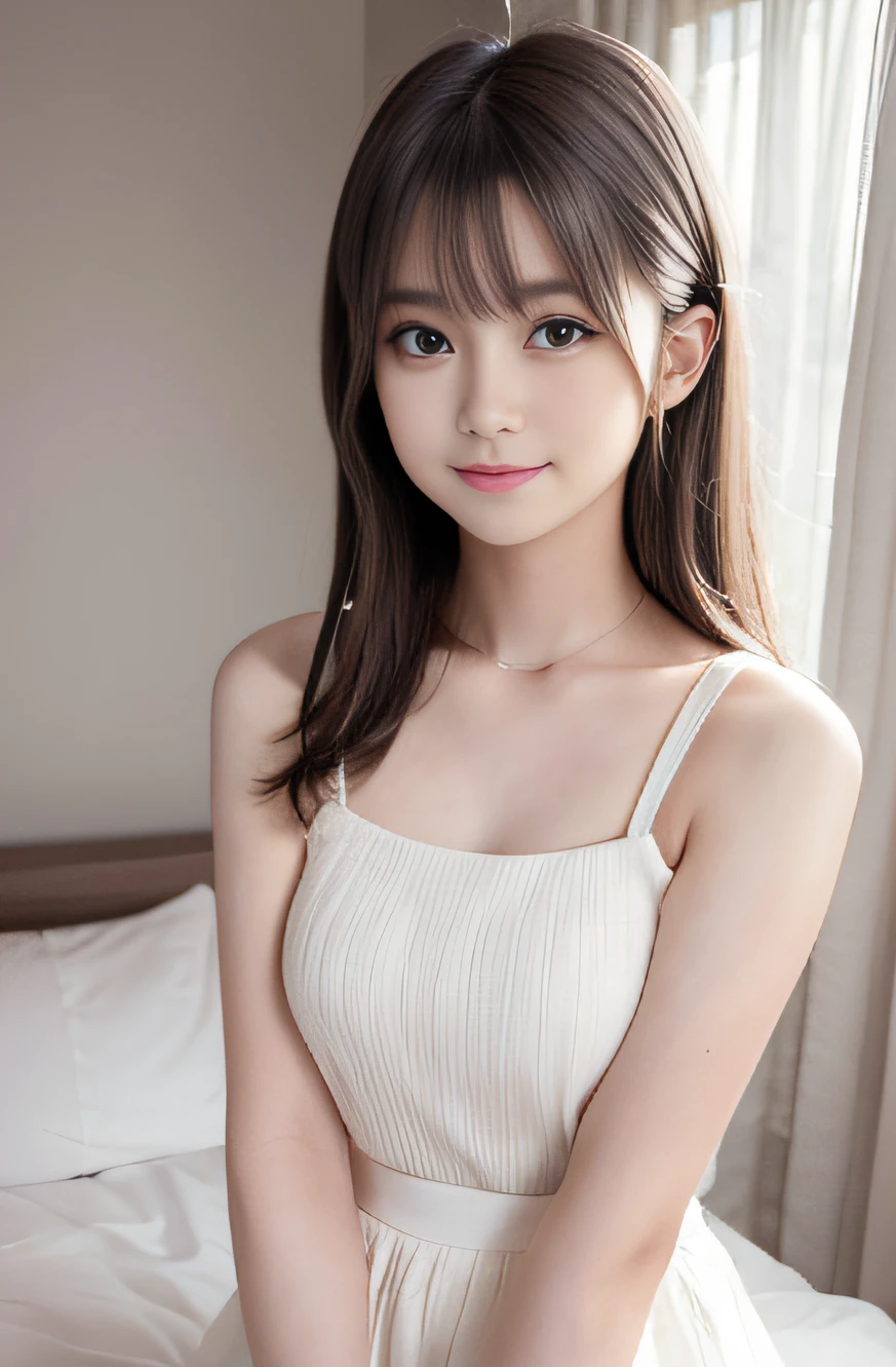 masterpiece, best quality, 8k, 15yo, teen, raw photo, award winning portrait, smile, smile, solo, idol face, beautiful, extremely pretty, cute, japanese women,female idol, round big eyes, small nostrils, light makeup, big round eyes, narrow waist, delicate girl, upper body, DSLR, looking at viewer, candid, sophisticated, youthful, thin arms, professional lighting, (detailed eyes and face:1.0), (bokeh:1.1)