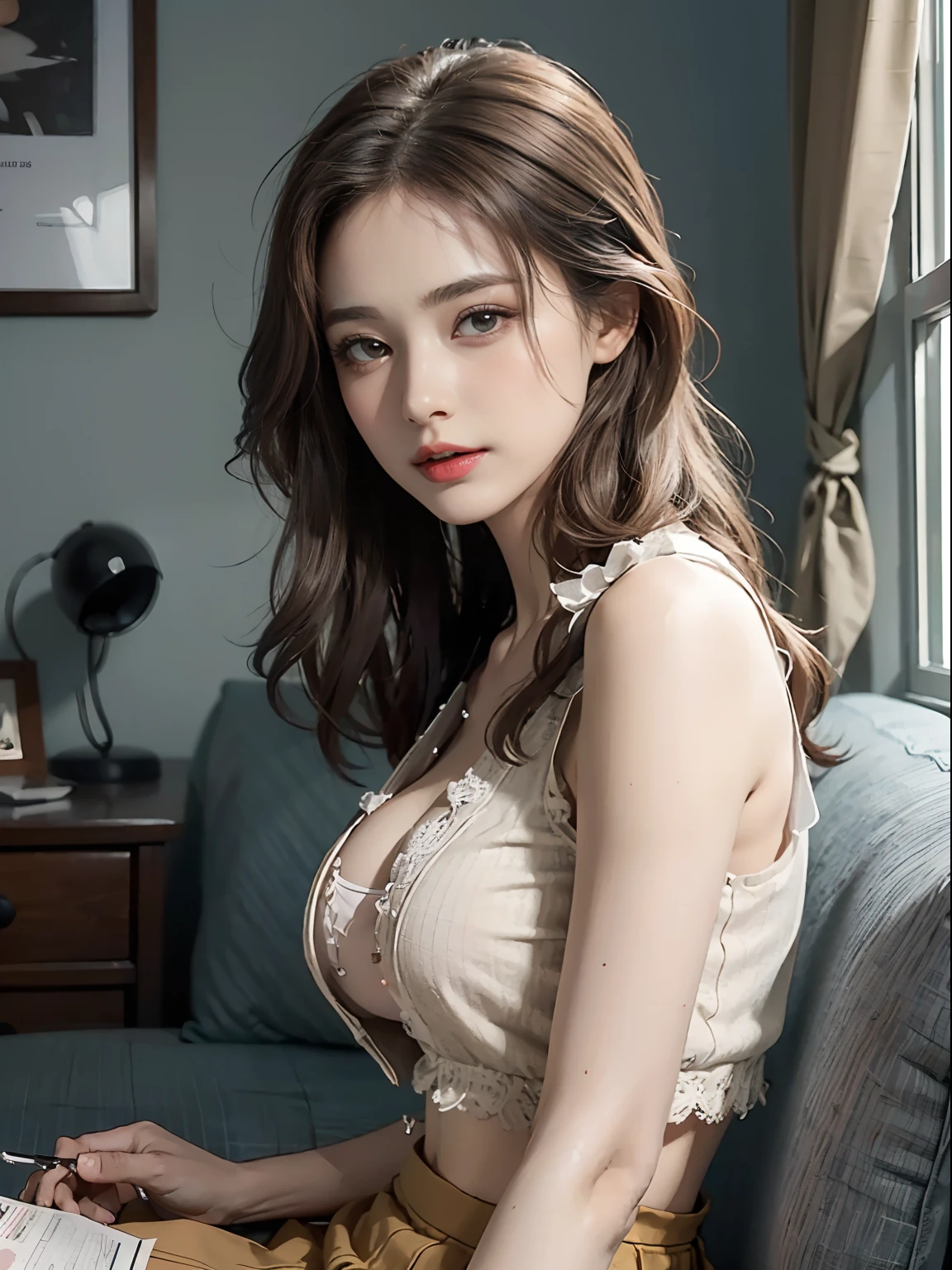 masutepiece,Best Quality,offcial art,extremely detailed CG unified 8k wallpaper, (nffsw:1.4), (Cinematic), (PastelColors, dim colors, Soothing tones:1.3), (Natural Skin Texture, hyperphotorealism, Soft light, sharp),(Extremely detailed), Professional Lighting, Radio City,((1girll，20yr old)), inside bedroom， cold light，Best Quality, Lots of details, masutepiece, Ultra-detailed, Illustration, extremely delicate and beautiful girl, Beautiful detailed eyes,8K_wall-paper,Beautiful detailed girl, looking at viewert, hair messy, Large breasts, ((focus on chest)), ((Sheer white vest, side breasts，areola of breast，High waist pleated skirt，The reveal panties，Camel toes))，Sit sideways on the couch，ssmile，Seen from the side