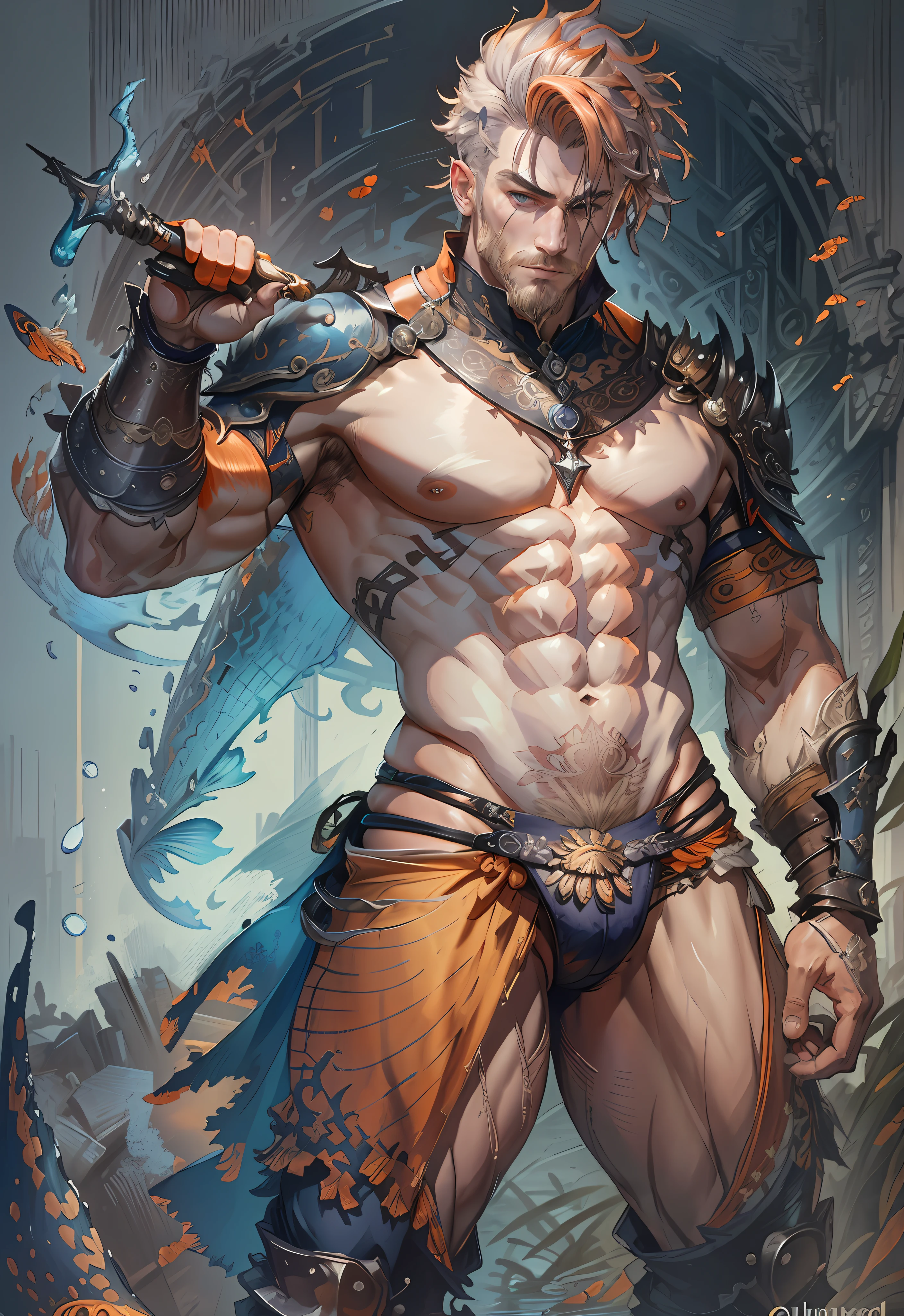 masterpiece,best quality,painting of a man,((highlander, intricate outfit, thong, Goldfish Orange theme)),lonely look,well-built ripped man,big hair,Platinum hair,short back and sides,Bright Blue eyes,tall,temperate desert,intricate background,dynamic pose,action scene