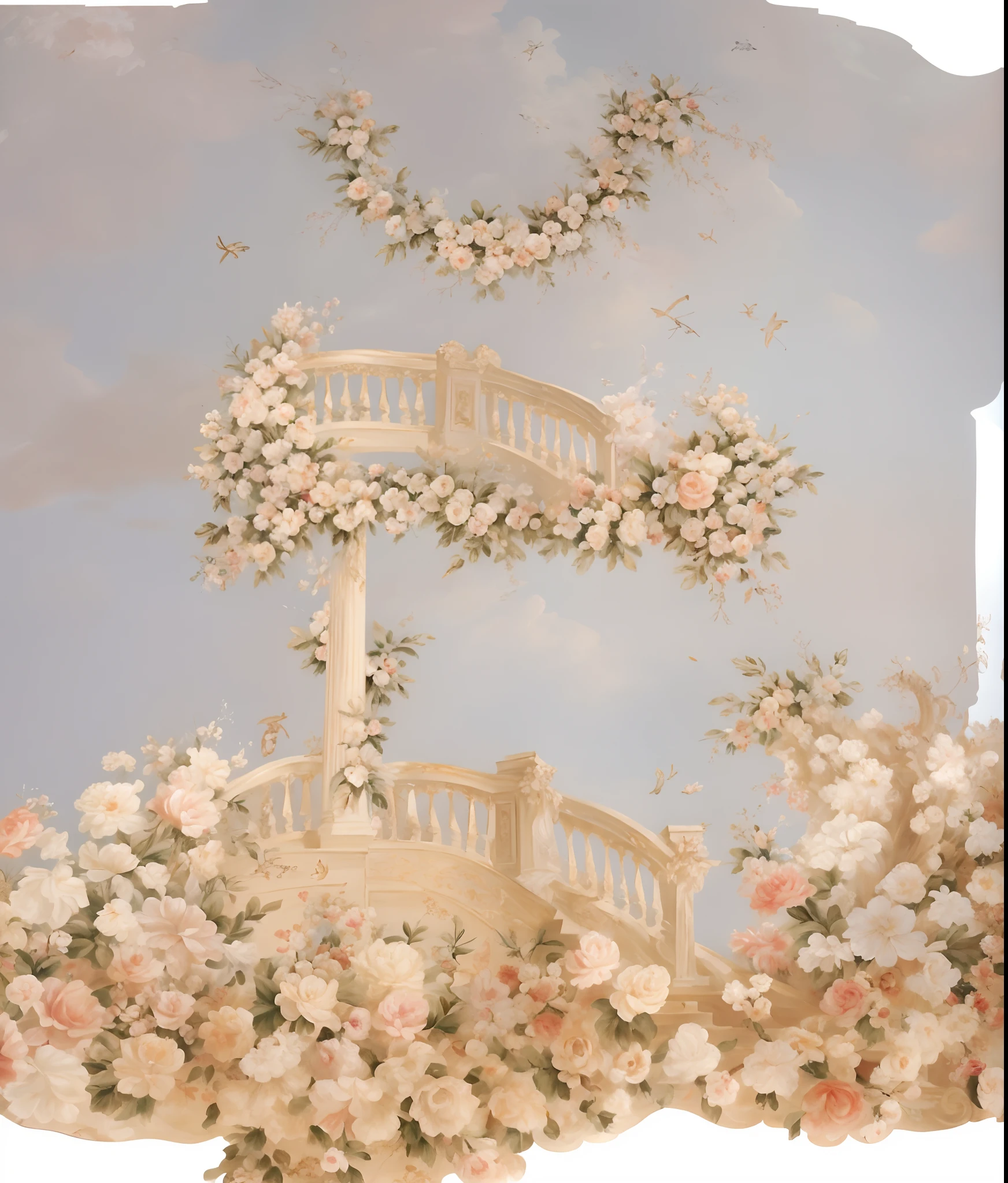 There is a painting of a white staircase with flowers, Baroque painting scenery, floral painted backdrop, stunning arcanum backdrop, rococo elements, ivory rococo, ornate backdrop, Rococo Decorations, Directed by: Li Mei-shu, Romantismo estilo de arte, heavens, heaven, coliseum backdrop, sonho floral, barroco, rococo art style