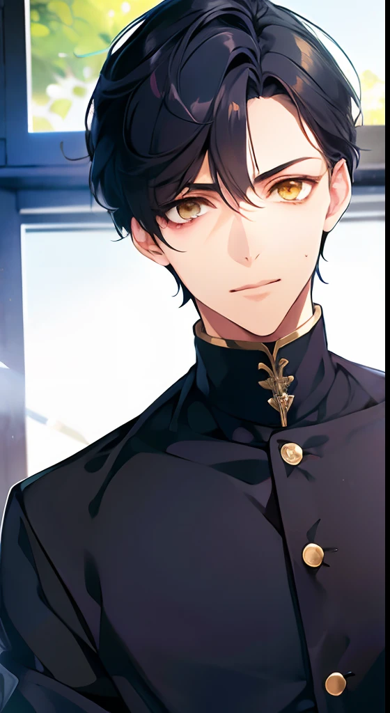 1boy, short navy hair, white highlights, golden eyes, wearing black school uniform, classroom, standing on ground, high res, ultra sharp, 8K, masterpiece