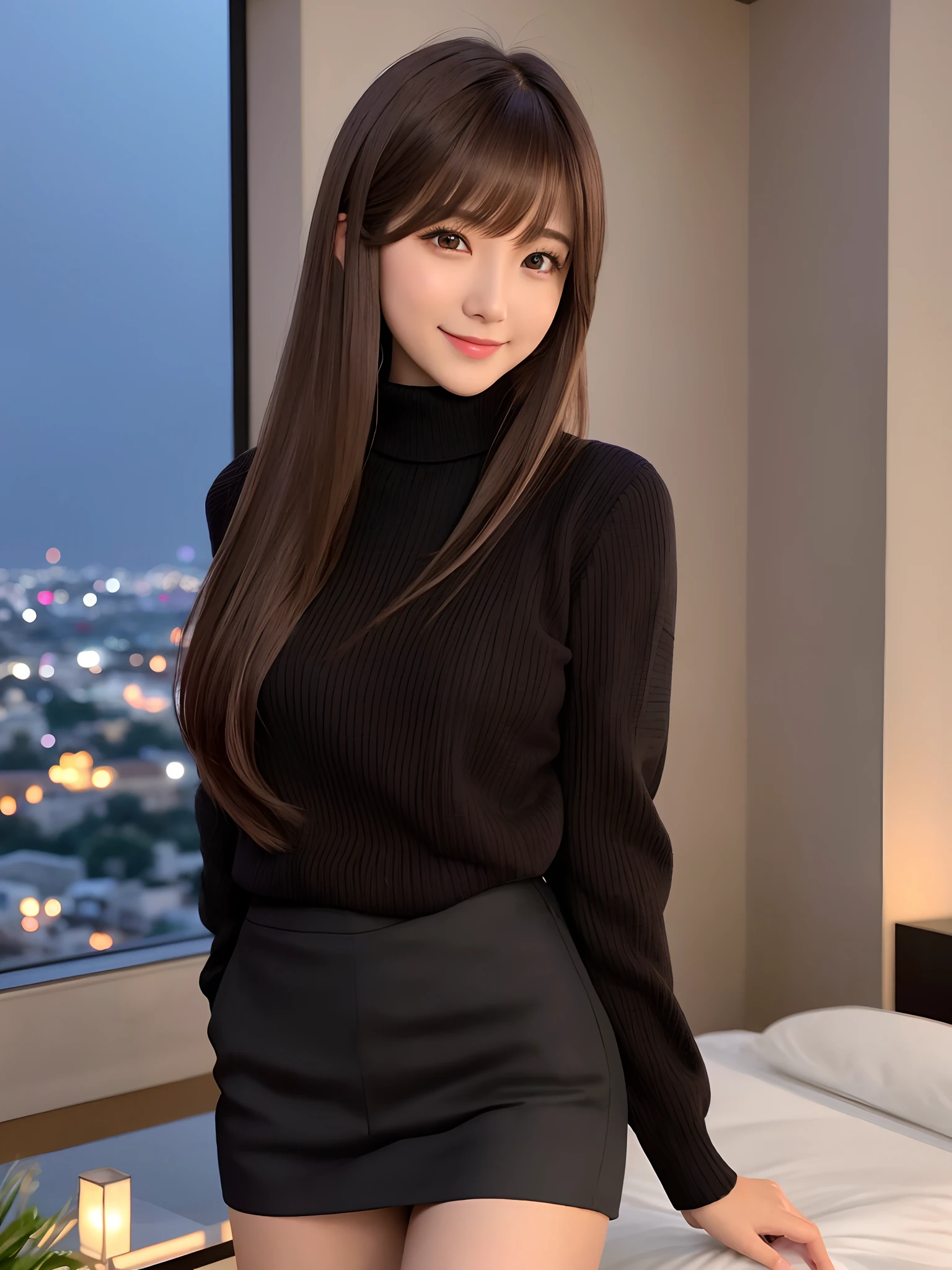 mastepiece, 1 girl per 1 photo, cowboy shot, front view, a Japanese young pretty girl, long bob hair, standing in front of a beautiful night view with a big smile in a room of a luxury hotel in the night, beautiful night view, black turtleneck sweater, black miniskirt, black leather long boots, hyper cute face, glossy lips, double eyelids for both eyes, natural makeup, shiny smooth light brown hair of long bob hair, asymmetrical bangs, high resolution, high detail, detailed hairstyle, detailed face, cinematic lighting, octane rendering, hyper realistic, perfect limbs, perfect anatomy