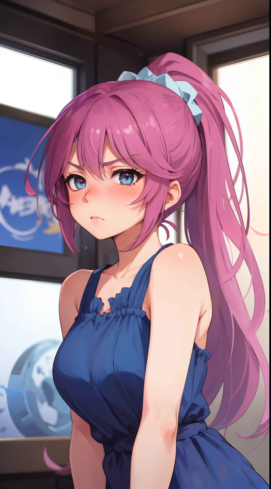 Jibril, ((upper body)), blushed, perfect anatomy, detailed eyes, detailed lips, extremely detailed eyes and face, vivid colors, sharp focus, masterpiece:1.2, ultra-detailed, blushed, ((doggystyle)), (solo), ((blue dress)), sleeveless, (ponytail), (((disdain, disgust))), looking at viewer
