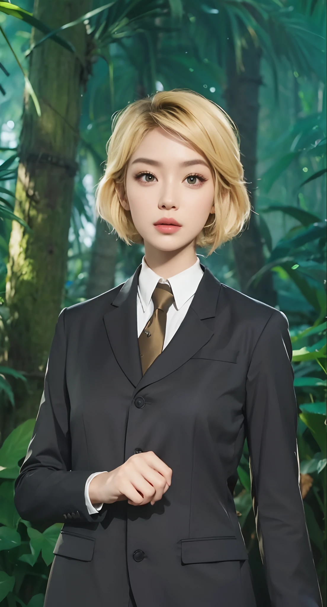 Real life adaption of this character, beauty face,looking to viewer, villain expression,realistic same blonde blend with black hair ,realistic jungle with many grass background, hyper realistic, realistic light, realistic shadow, realism,(photorealistic:1.2),