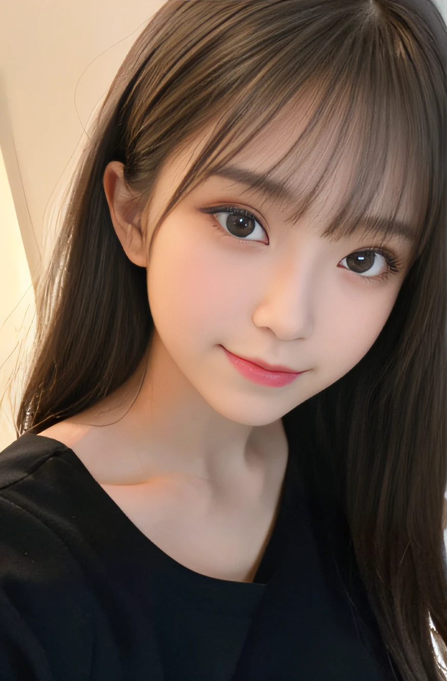 Smile、Raw photography、(((Ultimate Beauty Portrait)))、女の子1人、Japanese 17 year old beautiful girl、bright expression、((brown haired))、((Big eyes that shine like jewels))、white t-shirts、Glossy glossy skin、(Semi-long hair)、(is standing)、eye liner、Beautiful bangs、Hair between the eyes、((​masterpiece、最hightquality、ultra-detailliert、Film Light、intricate-detail、hight resolution、ighly detailed))、细致背景、8KUHD、Digital SLR、Soft light、hightquality、Film grain、FujifilmXT3 、Shallow depth of field、natural soft light、(Photographed from the front in a natural posture:1.5)、hanging eye makeup、((Indoors at night))