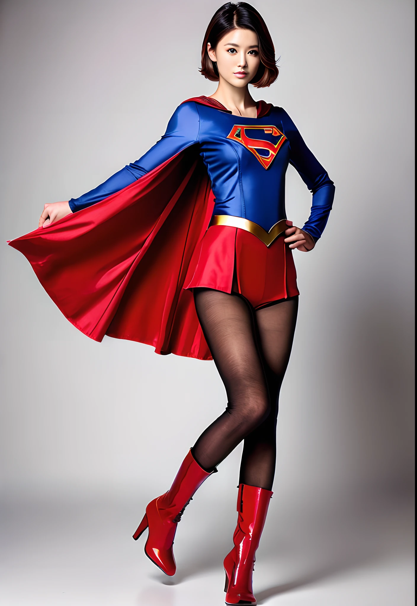 japanes、Cute Beautiful Girl、(((Wear black tights on your beautiful legs.)))、(((beauty legs)))、(((Painful look)))、((((Make the most of the original image)))、(((Supergirl Costume)))、(((Beautiful short hair、The hair)))、(((Suffering)))、(((Feet must necessarily be worn with black tights)))、(((You need to wear red boots)))、((Top image quality、8K))、((top-quality、8K、​masterpiece:1.3))、(((Keep your background simple)))、Crisp focus:1.2、Beautiful woman with perfect body shape:1.4、Slender Abs:1.2、a wet body:1.5、Highly detailed facial and skin texture、8K、Keep your background simple