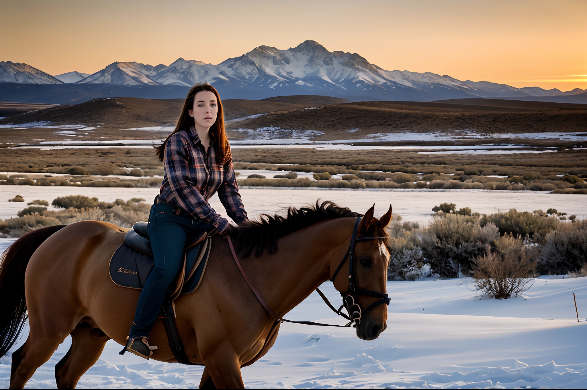 Photo of Angela White ((a character)) (25 years old) | wearing feminine cowboy clothes (jeans outfit, plaid shirt) ((loose and silky hair, piercing blue eyes, skin texture, enigmatic countenance, slender body, divine proportion)) | Riding a Mustang Horse | Alabama Hills Location ((mountain with snow in the background)) | natural light, divine rays, cinematic quality, cinematic frame, cinematic filters, maximum sharpness, sunset tones, vivid colors ((HDR)) ((Arri Alexa 35 8k))