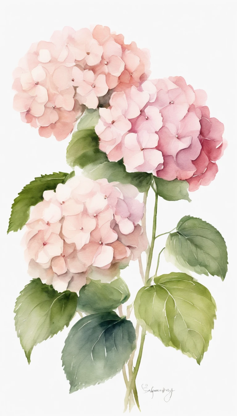 blush pink hydrangea, white background, minimalistic art, 3 single hydrangea