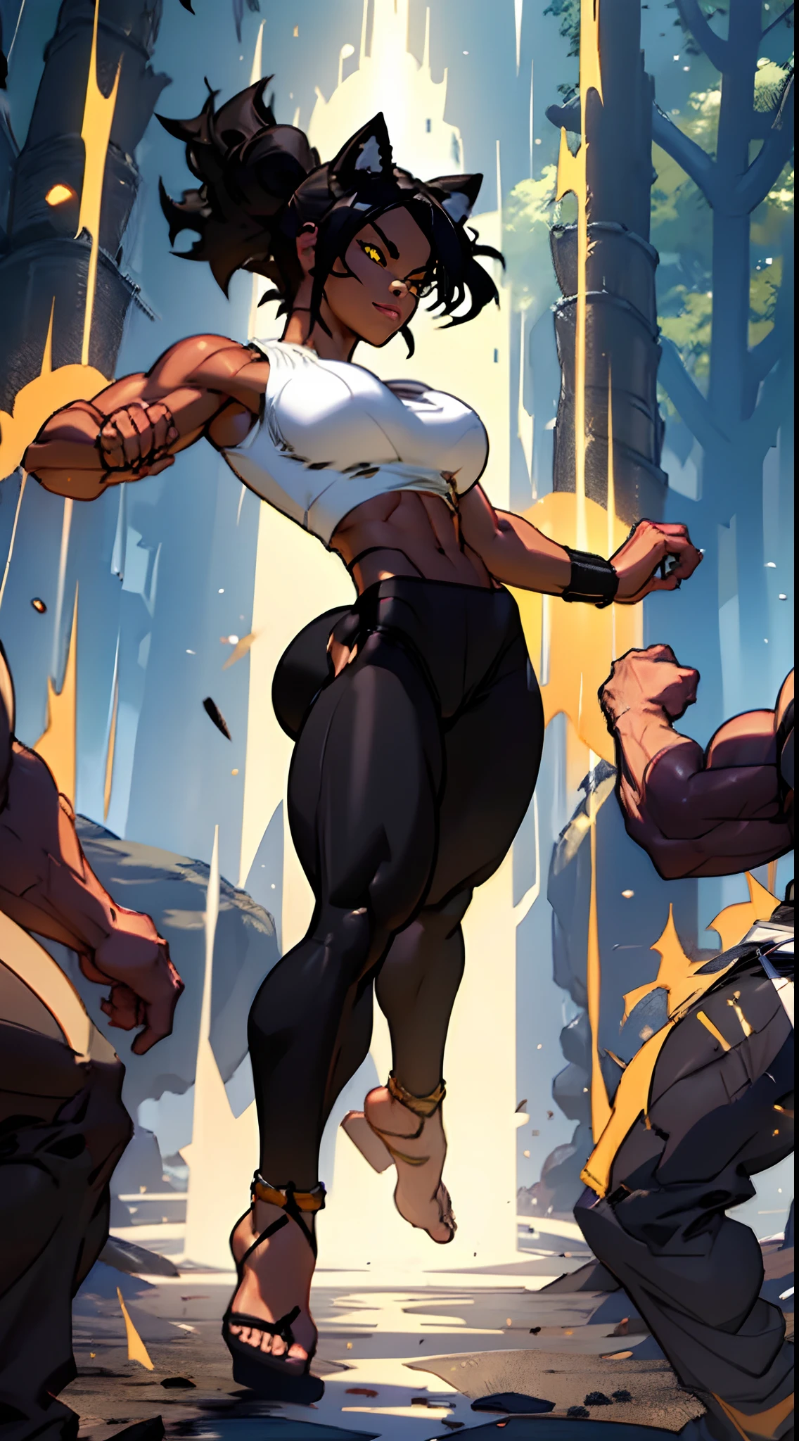 muscular ebony skinned blake belladonna with large breasts in a martial artist combat pose while being in a forest, very dark skin blake, with long black hair and cat ears, female, yellow eyes, saiyaness, saiyan, saiyan tail for Blake, wearing white jacket with a black tanktop underneath, wearing a pair of ripped white shorts with black leggings, cowboy shot.