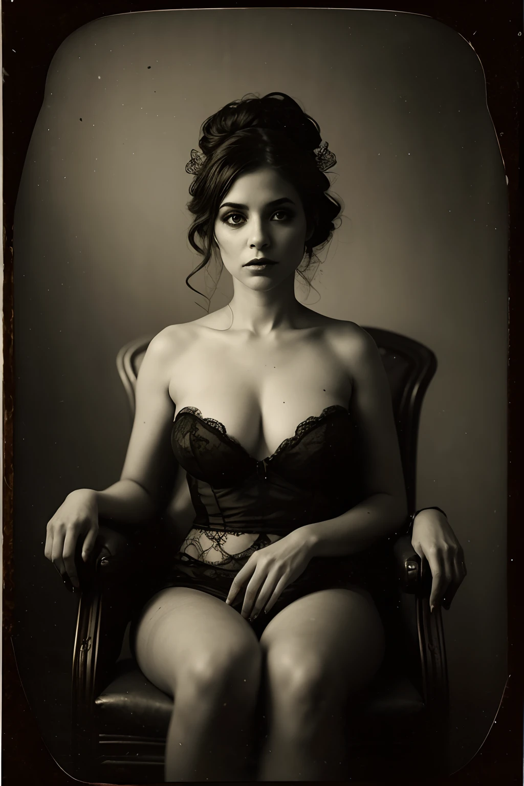 fotografia vintage tintype, mulher assombrosa no chaise lounge, Ela excreta ectoplasma branco das narinas, Gossamer mist surrounds, olhos negros cheios de medo, ghostly, dark medium in the exquisite New Orleans room she's in