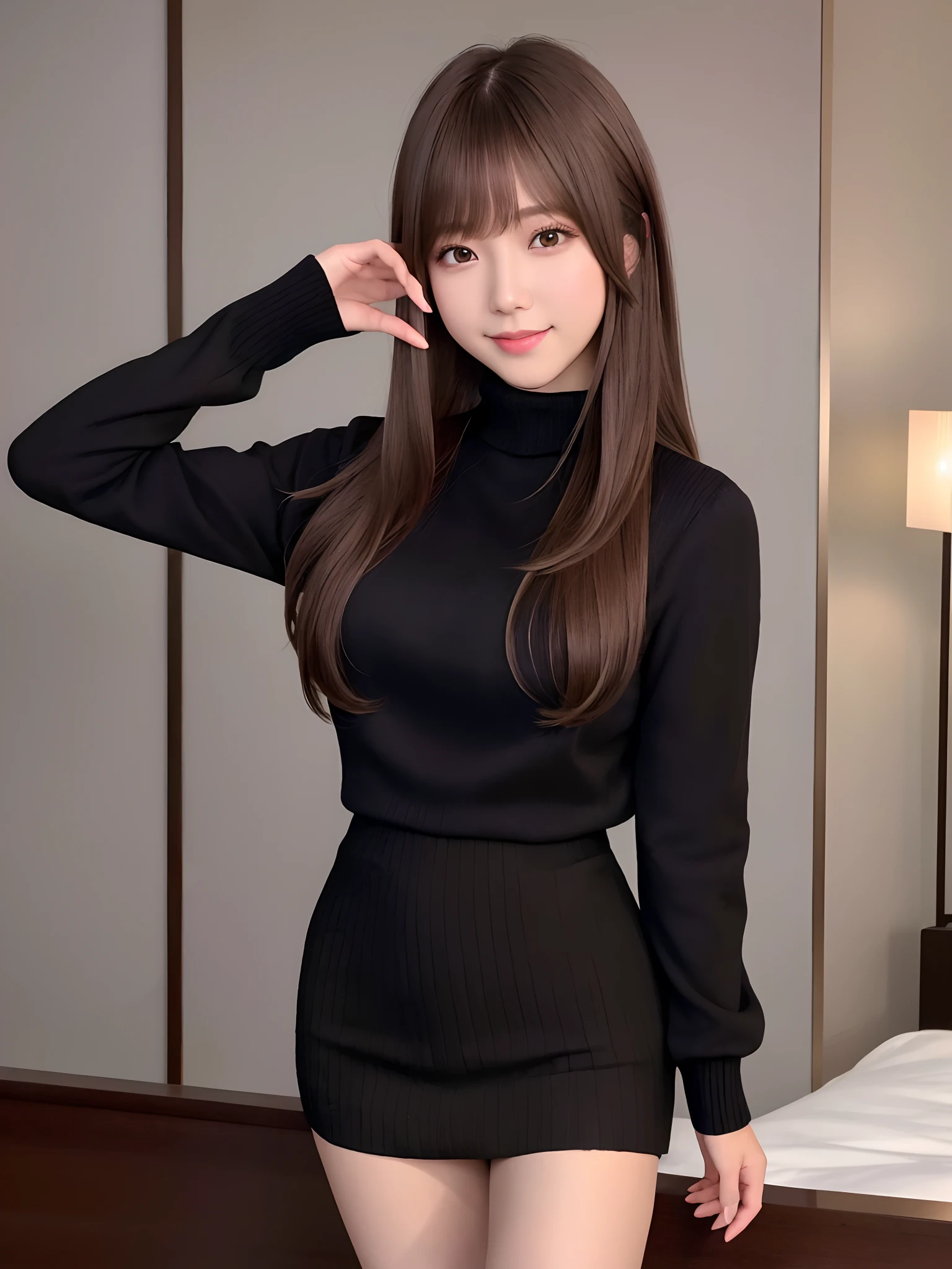 Tabletop, Super Detail, highest quality, High resolution,Black Hair,Detailed face,Cute face , ((Anatomically correct)), Power Ranger, ((One Girl)), (alone), university student,白いribbed sweater,,skirt,High heels,Huge breasts,Big Ass