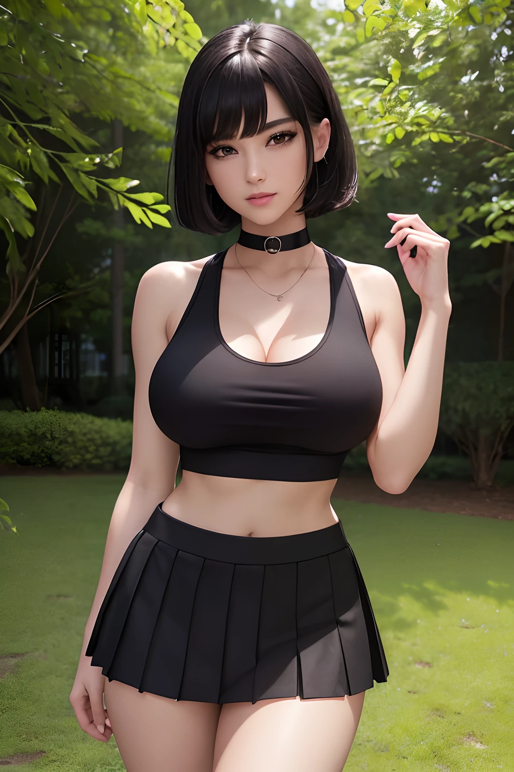 Ultra High Resolution, UHD, absurderes, RAW photo, (Masterpiece), (best anatomy), Best Quality, 8K, ultra-photorealistic, (1 girl), intricate details, ultra-detailed, detailed face, detailed body, dramatic lighting, beautiful lighting, standing up, blushing, smile, green eyes, gorgeous eyes, short hair, bob hair, bangs, black choker, crop top, (black tank top), (black hair), (black pleated mini skirt), in park, gorgeous face, gorgeous girl, large breasts, cleavage, hourglass body, gorgeous body, vivid colors, upper body
