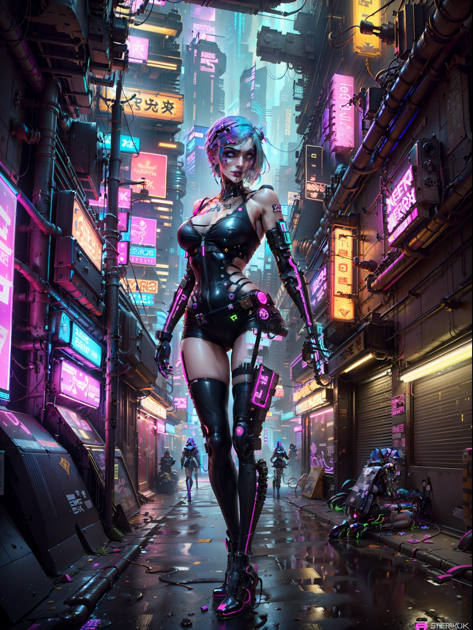 (masterpiece, top quality, best quality, official art, beautiful and aesthetic:1.2),(1girl:1.4),full body,([pink|blue] hair:1.5),extreme detailed,(fractal art:1.3),(colorful:1.5),highest detailed,(Mechanical modification:1.3),(modification:1.2),Maiden,(A complex mechanical conduit is inserted into the back:1.5),catheter,(neon background:1.4),(neon city:1.75),night,large breasts,(gothic_ta:1.2),high heels,(nude:0.75),makeup,blush,(cyberpunk:1.4),((looking at viewer:1.3)),((looking back)),Sofia Boutella, brunette, tanned, huge tits, nikon d850 film stock photograph 4 kodak portra 400 camera f1.6 lens rich colors hyper realistic lifelike texture dramatic lighting unrealengine trending on artstation cinestill 800,