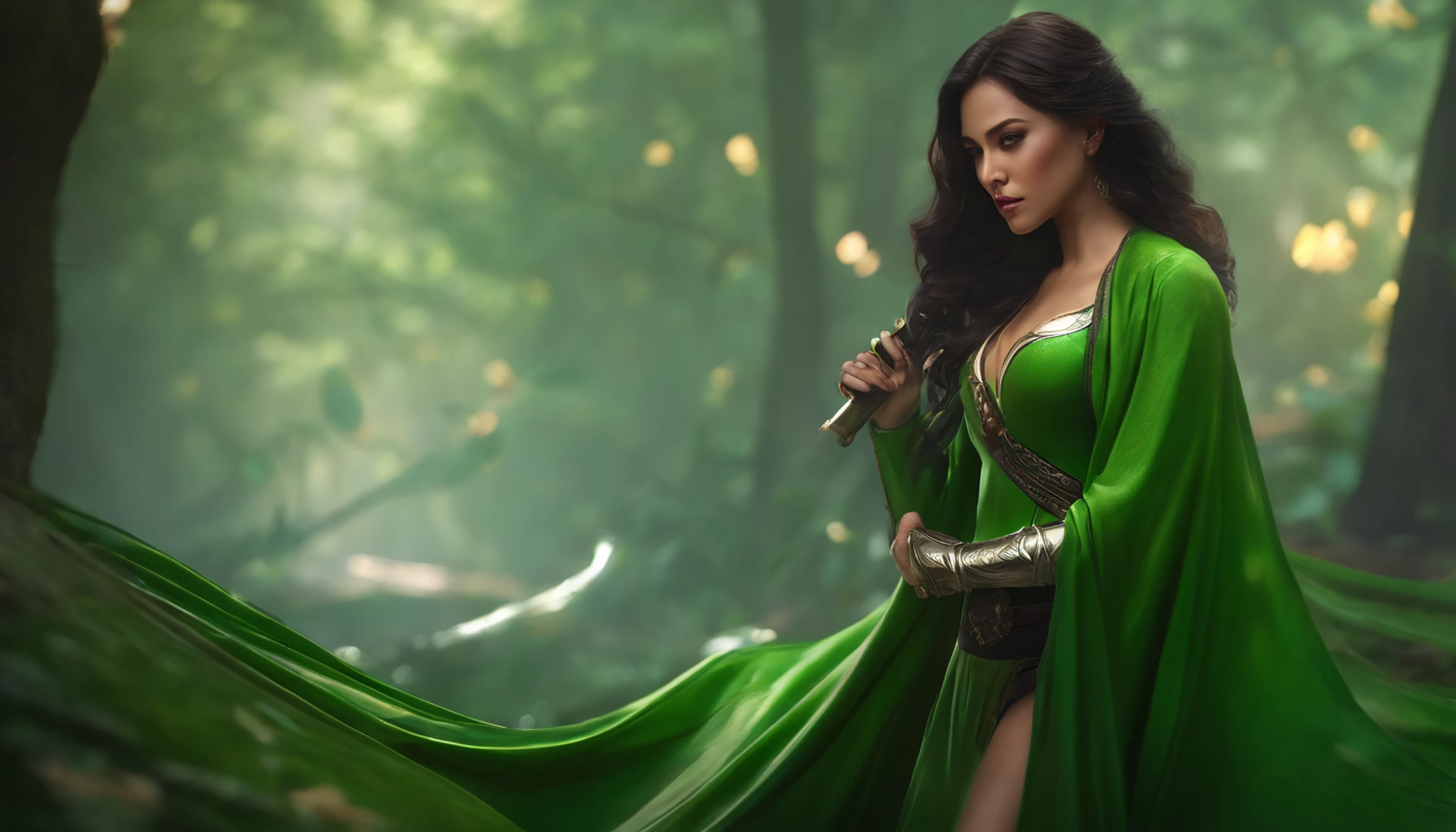 mulher loira no vestido verde segurando uma espada em um quarto escuro, 8K Artgerm Bokeh, Ross Tran 8 K, Alice X. Zhang, cinemactic. por leng jun, estilo fantasia 8 k octane render, Chengwei Pan em ArtStation, Epic Fantasy Digital Art Style, WLOP. 4 mil, 3 d render arte do caractere 8 k