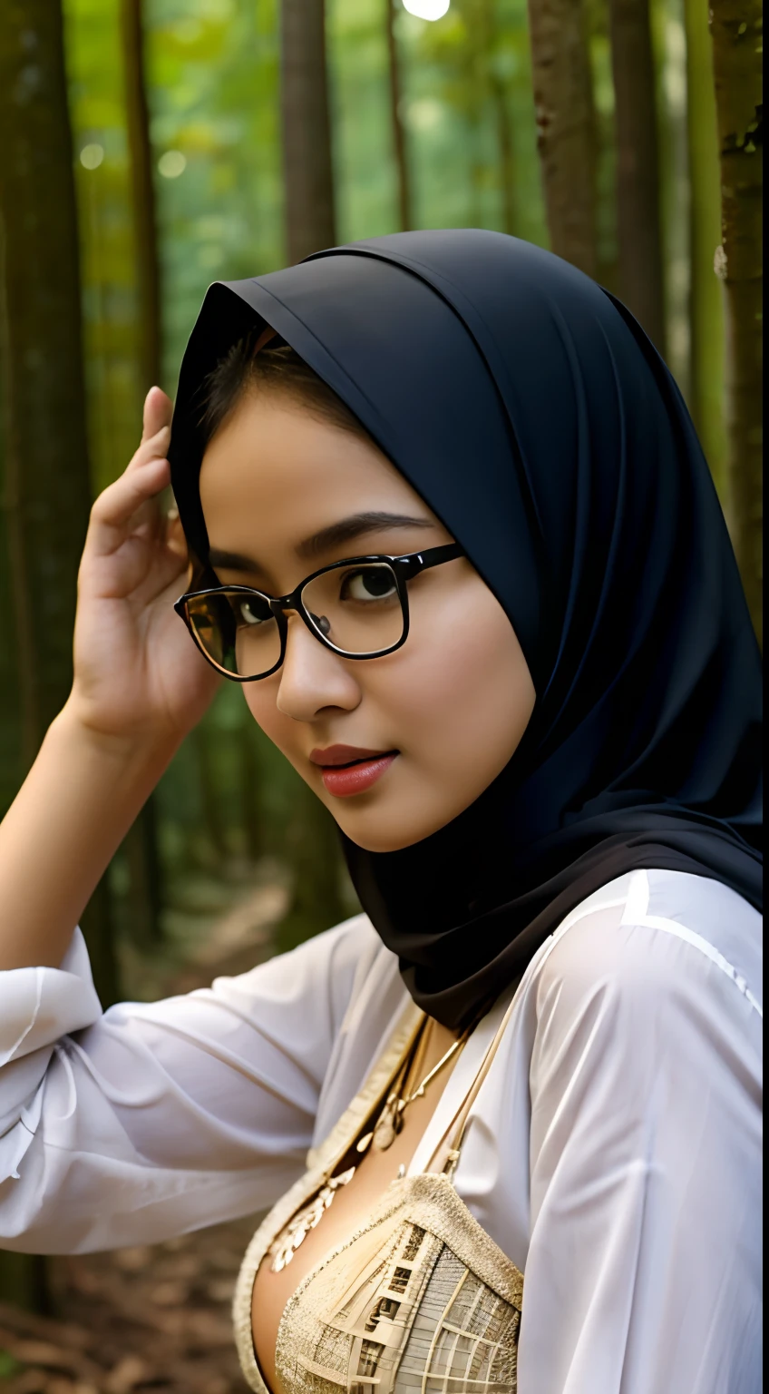 (iu:0.8),((small breast)), RAW, Best quality, high resolution, Masterpiece: 1.3, Beautiful glasses javanese woman in translucent hijab inside a church, Masterpiece, Perfect slim body, Beautiful big eyes, Soft smile, Wearing open chest wedding dress