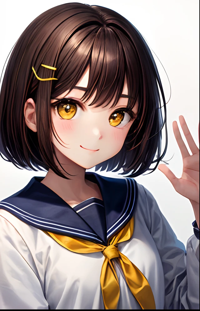 girl with、No background、without background、Background through、brown haired、Brown hair、short-cut、bob cuts、Subject bangs、Pattsun bangs、Aligned bangs、Sareme、drooping eyebrows、Takuambi、Marovi、Round eyebrows、Yellow eyes、Yellow eyes、pinned down、hair pin、校服、student clothes、a sailor suit、frilld、Striped ribbon、A smile、kawaii、without background