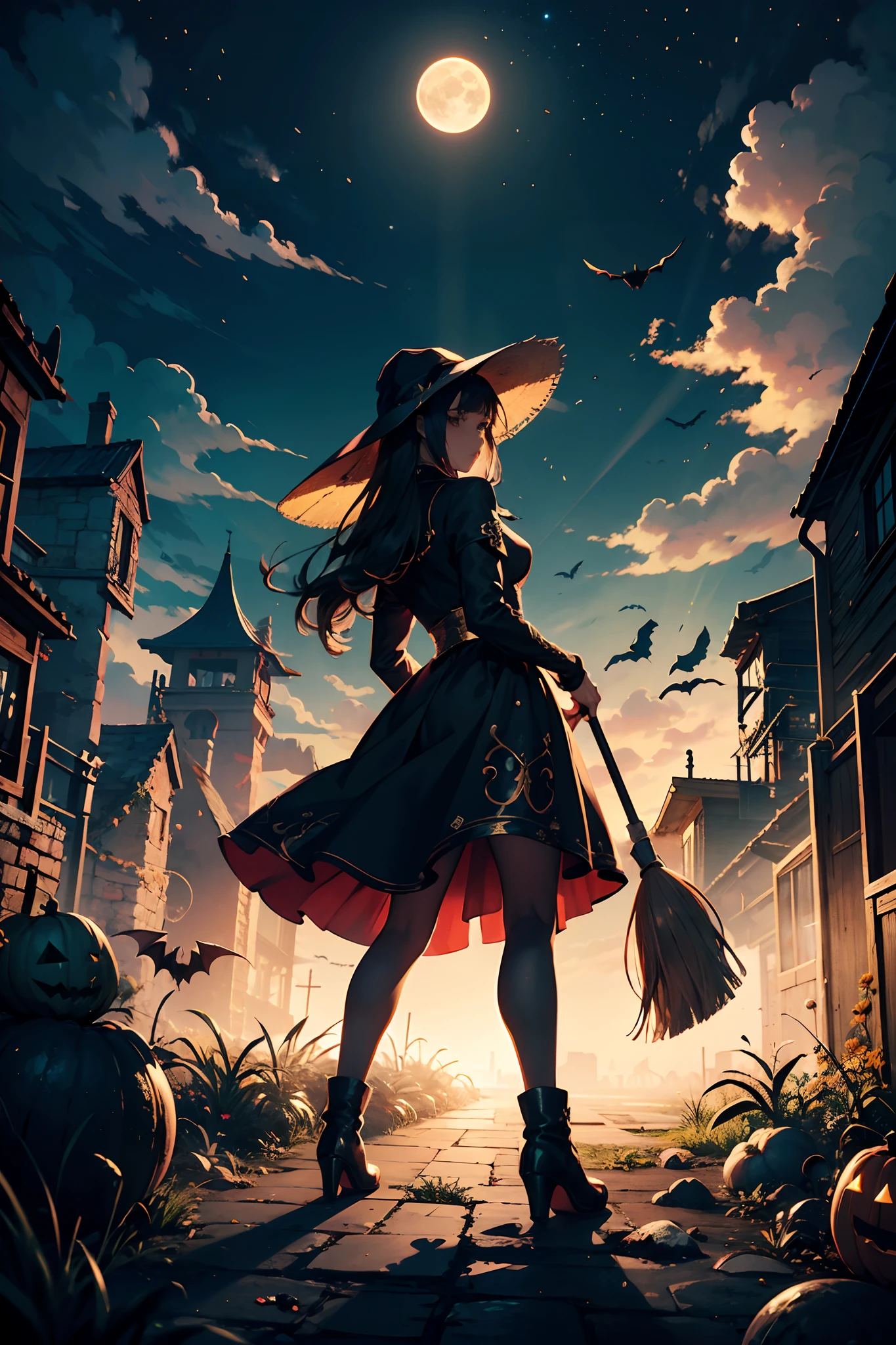 masterpiece, high quality,  highres,
(1girl), (wearing black pointed hat), necromancer, evil smile, stand in front of graveyard, (cyan color sceme), ominious atmosphere, mist, night,moon, (surrounded by skulls),
bottle  bottom,lampstand,pedestal,platform,