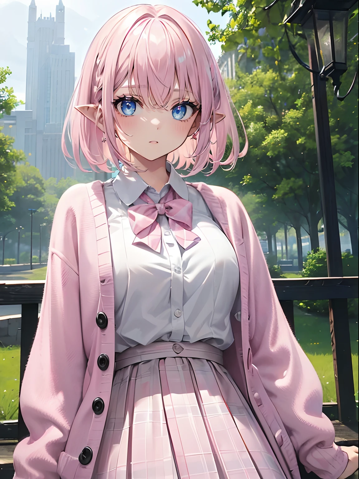 (masterpiece,best quality,ultra-detailed),1girl, white and pink hair,short hair, pointy ears,pink shirt,pink cardigan,pink plaid skirt,in the park,((grey theme)),((pastel colours theme))