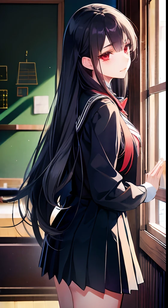 1girl, long navy hair, one red eye, one black eye, black school uniform, classroom, standing on ground, high res, ultra sharp, 8K, masterpiece