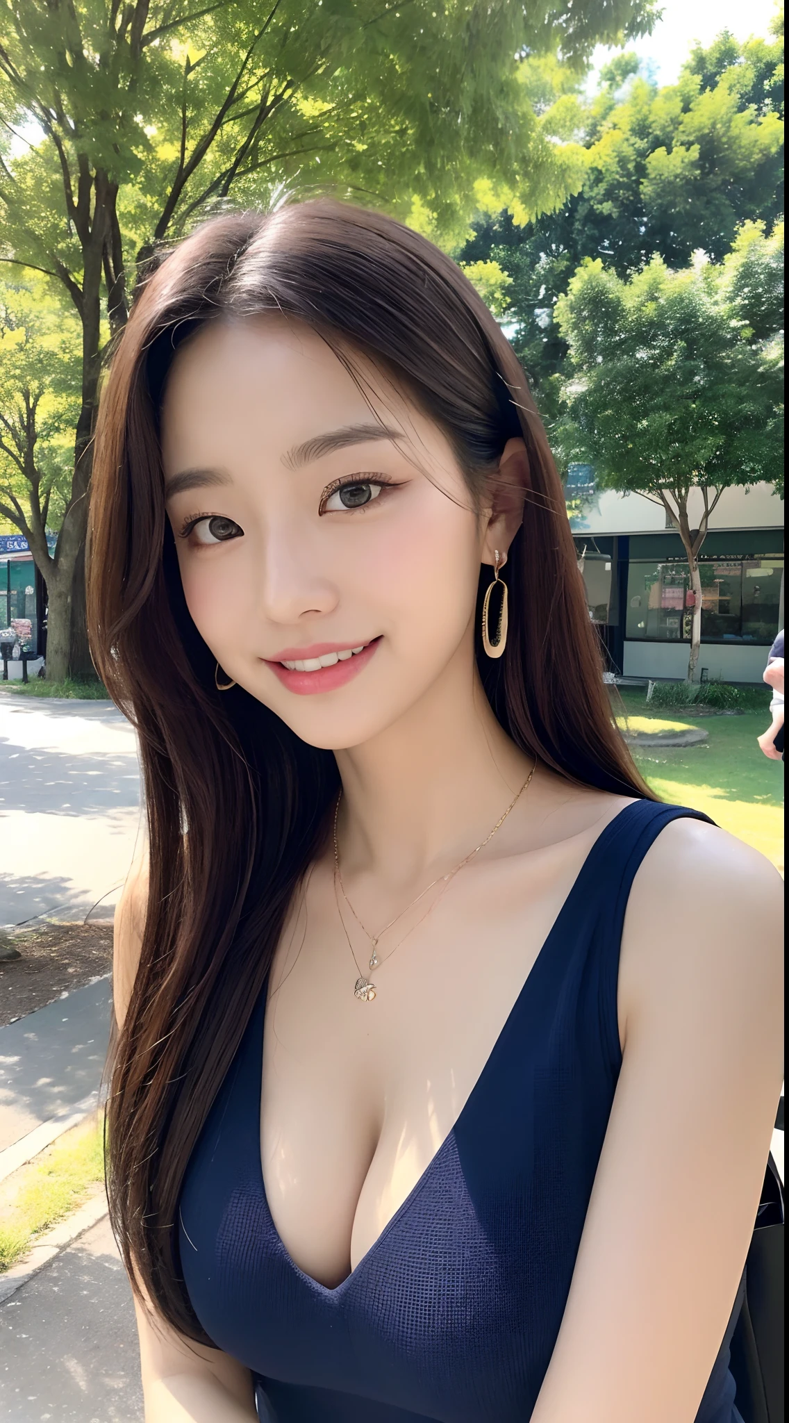 ((Top image quality、8K、masterpiece:1.3))、The upper part of the body(1.3)、爆乳(5)、Excellent style、Gentle face、A smile、natural make up、Clothing that emphasizes cleavage、Refreshing、City trees々Eat lunch at a café in the sun from between、short-hair、piercings、a necklace、Sleeveless、Eroi、ecchi、A sexy