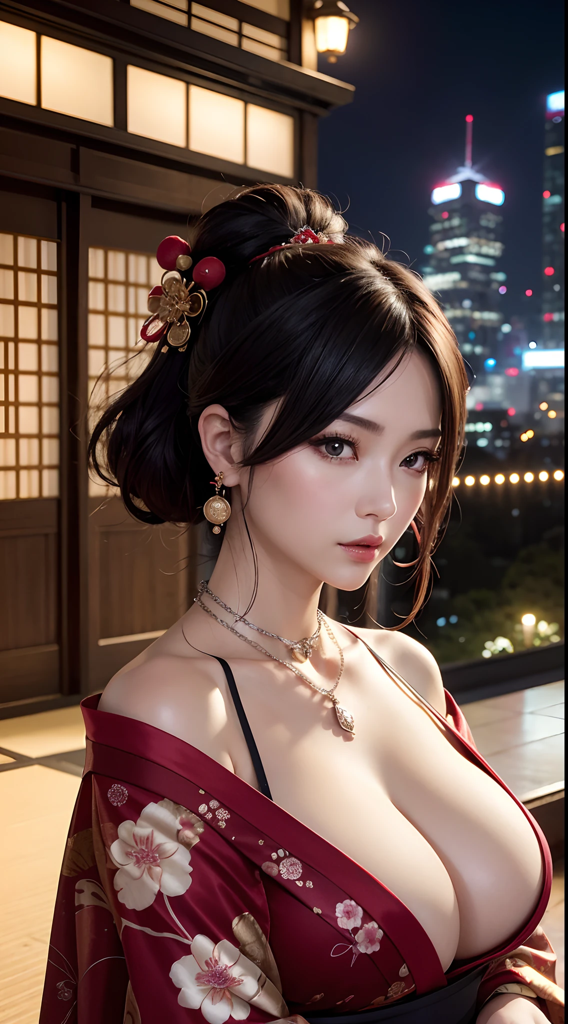 (hyper realstic)、Modern Oiran、(Female Ninja of the 21st Century)、Beautie high-level image quality hight resolution (Realistic) Shorthair、Woman with dark hair、A MILF、Middle-aged woman、Big big、Detailed red-black 、detailed skin textures、超A high resolution、Realistic、Voluptuous body shape、angry looking face、Middle-aged beauty、Beautiful expression、With detailed red-black areola 、detailed brown eyes、long fluffy hair、Kamimei、Very delicate and detailed skin texture、35 years old、{There is a helipad at night((Being on the roof of a skyscraper))}、Modern Oiran、Large cleavage、Large open neckline、bright red lips、Wearing gorgeous clothes, Luxurious and luxurious kimono、ear ornament、Silver collar and necklace、gorgeous hair decoration、
