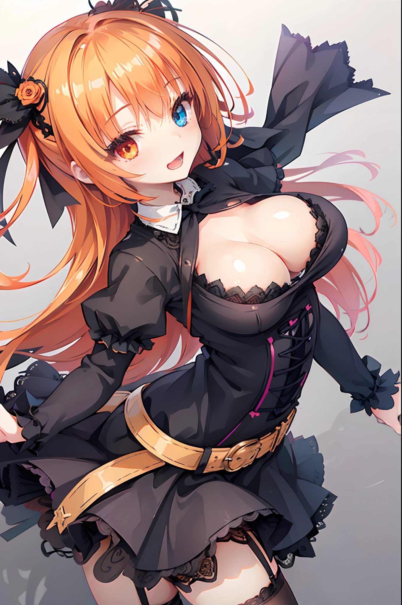 tiny girl,Colossal tits,Gothic ****ta,garter strap,Smile with open mouth,Orange hair,hair adornments,Heterochromia,Top image quality,Best Quality