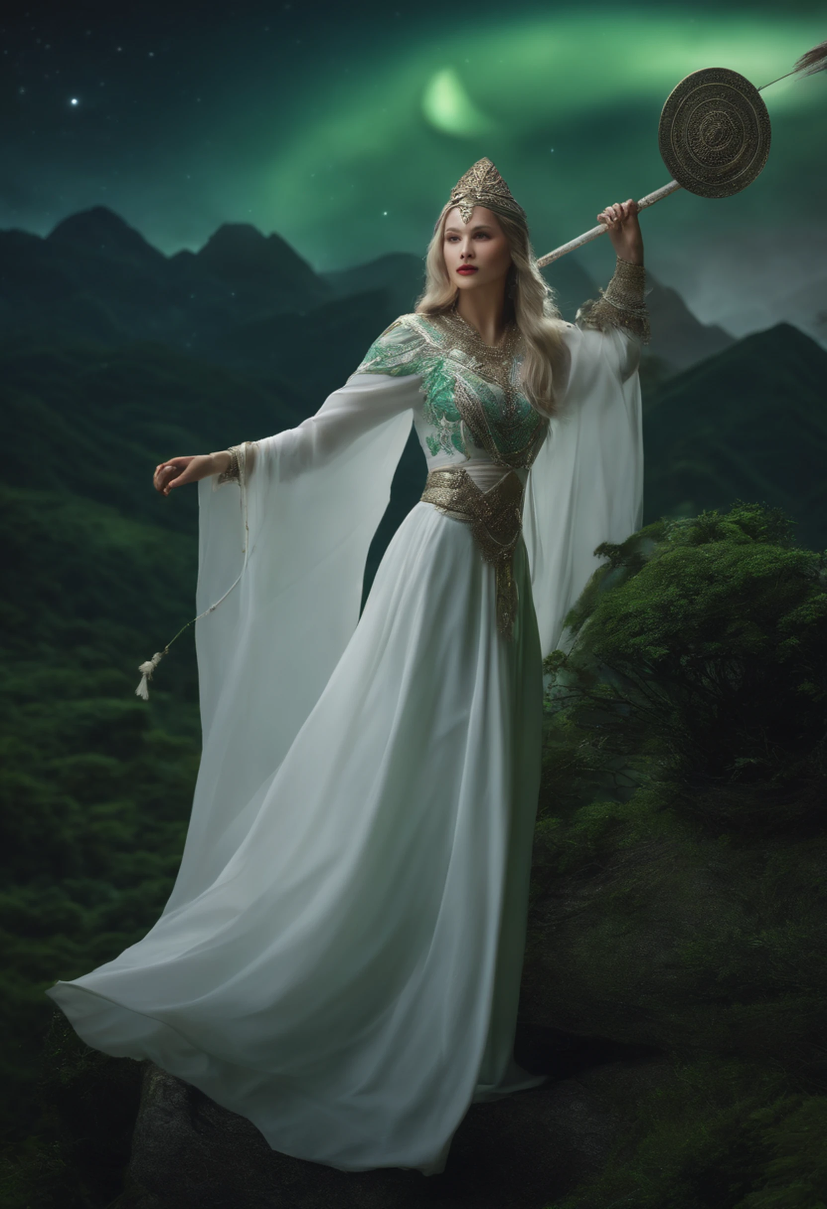Hyper-photo 3D witch,White traditional costume staff,Join the temple in the background,Green mountains,full bodyesbian,Face front,the night,Nine stars in a row,Head ornaments