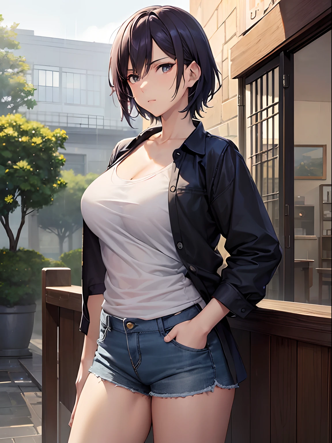 ((masterpiece , best quality)), ((( 1 girl ))), dark blue hair, cool looking woman, short hair, tomboy, mature woman, expressive eyes, heterochromaia eyes , (perfect female proportions), (very large breasts), women loose shirt, with casual shorts, long legs, skinny legs, slim hips, tomboy, milfication, mature female, casual clothes, the loneliest girl, artistic, inspired, golden hour, warm, (rain, sad, Hydrangea, Hortensia), luminism, ethereal, Makoto Shinkai, Krenz Cushart, Anime art , Surrealism, a contrast between the realistic and the absurd, Focused on Woman, chaotic, High Creative, Dynamic, informative, High detailing, cinematic, complex background