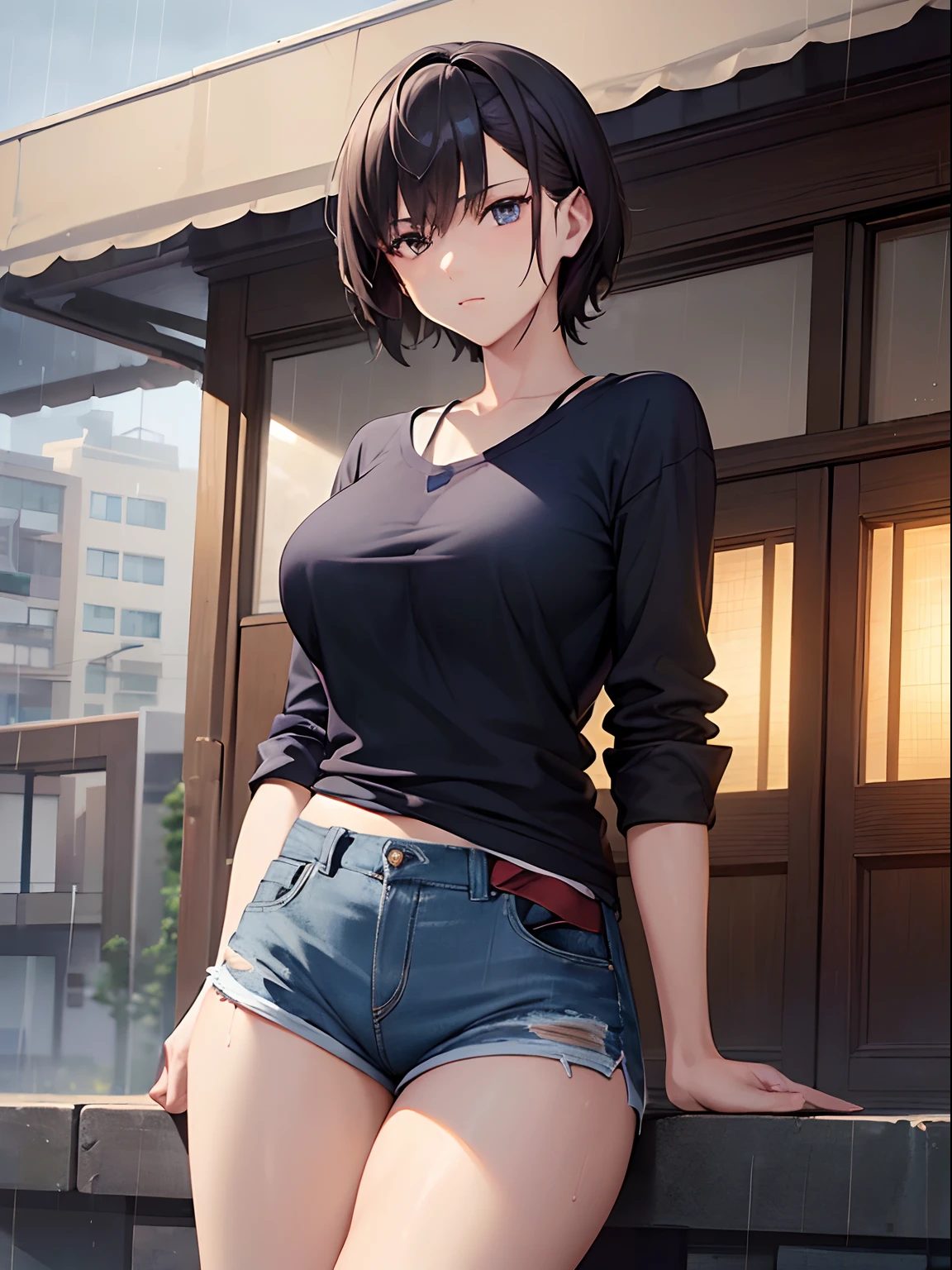 ((masterpiece , best quality)), ((( 1 girl ))), dark blue hair, cool looking woman, short hair, tomboy, mature woman, expressive eyes, heterochromaia eyes , (perfect female proportions), (very large breasts), women loose shirt, with casual shorts, long legs, skinny legs, slim hips, tomboy, milfication, mature female, casual clothes, the loneliest girl, artistic, inspired, golden hour, warm, (rain, sad, Hydrangea, Hortensia), luminism, ethereal, Makoto Shinkai, Krenz Cushart, Anime art , Surrealism, a contrast between the realistic and the absurd, Focused on Woman, chaotic, High Creative, Dynamic, informative, High detailing, cinematic, complex background