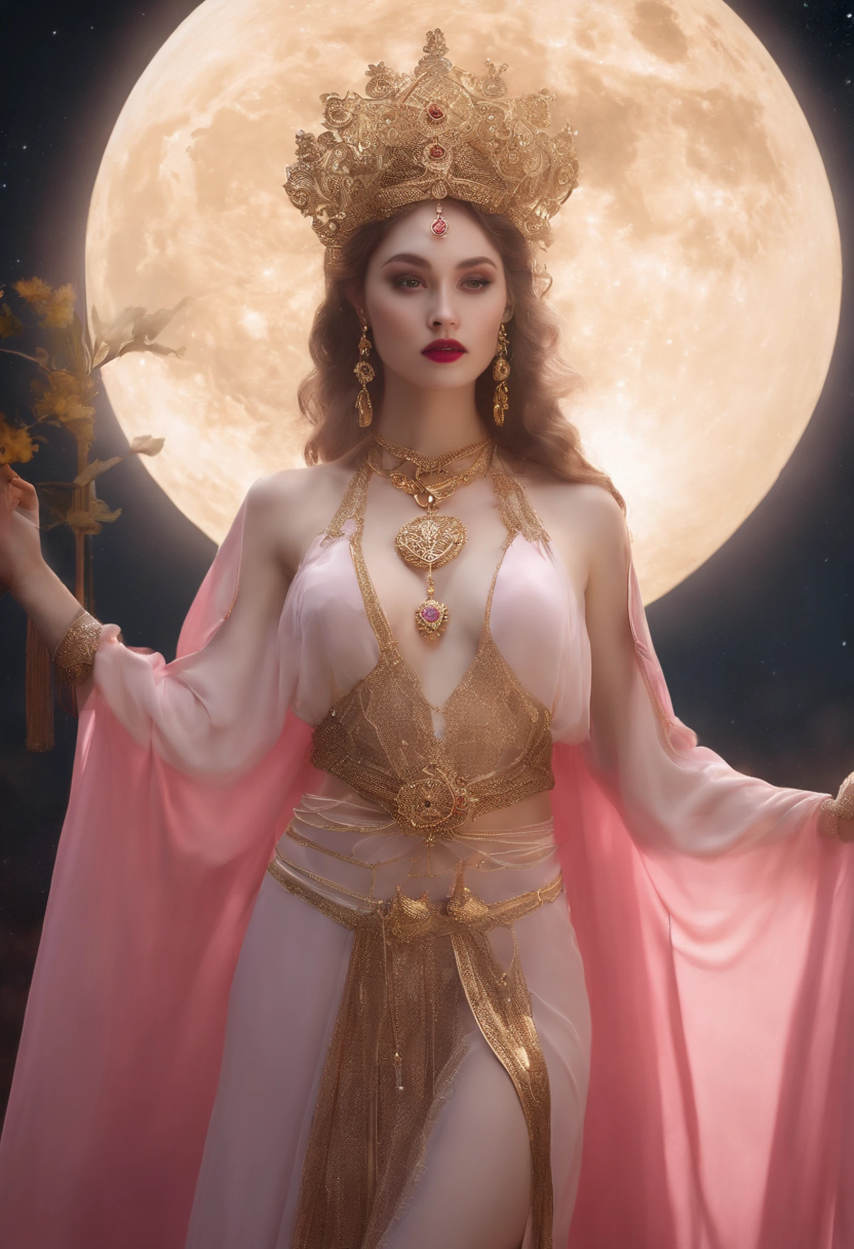 RAW photograph full length portrait of the goddess of the moon、pale skin, erotic, beautiful accurate facial features, accurate hands, accurate face, small breasts, dark pink , body jewelry, gold waist chain, see-through robes、General decoration, cinematic, shadows, 4k, 8K