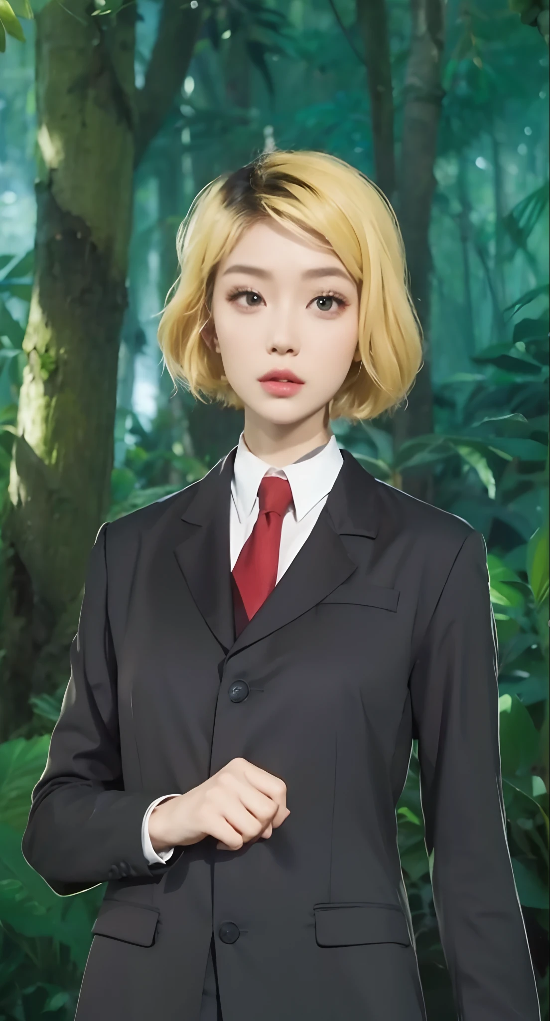 Real life adaption of this character, beauty face,looking to viewer, villain expression,realistic same blonde blend with black hair ,realistic jungle with many grass background, hyper realistic, realistic light, realistic shadow, realism,(photorealistic:1.2),red tie