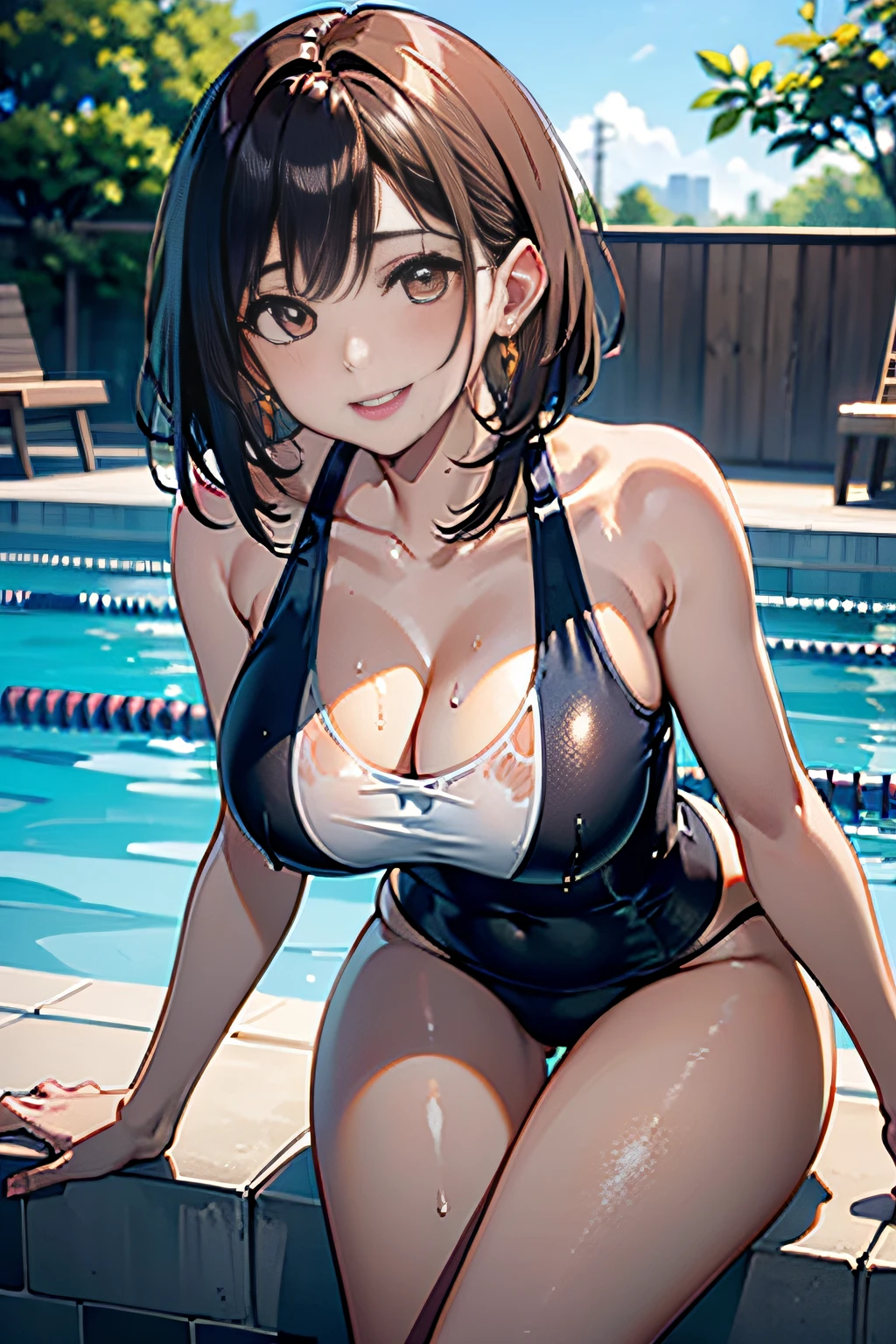 in poolside,Wet Dress Competition Swimwear,Competition Swimsuit Slip,School swim wear,wetted skin,Wet face,(Glossy light brown and orange two-tone wavy short-cut hair),(wet and disheveled hair),Cute round face red lipstick,A cute smile that makes the viewer happy,large full breasts,Leaning forward from the pool,Bold sexy poses,Digital Illustration,(natural soft light),(Sunlight),(Professional Lighting),(Photorealsitic:1.3),(Raw photo.),(masutepiece,top-quality,Ultra-high resolution output image,) (The 8k quality,),(Image Mode Ultra HD,)