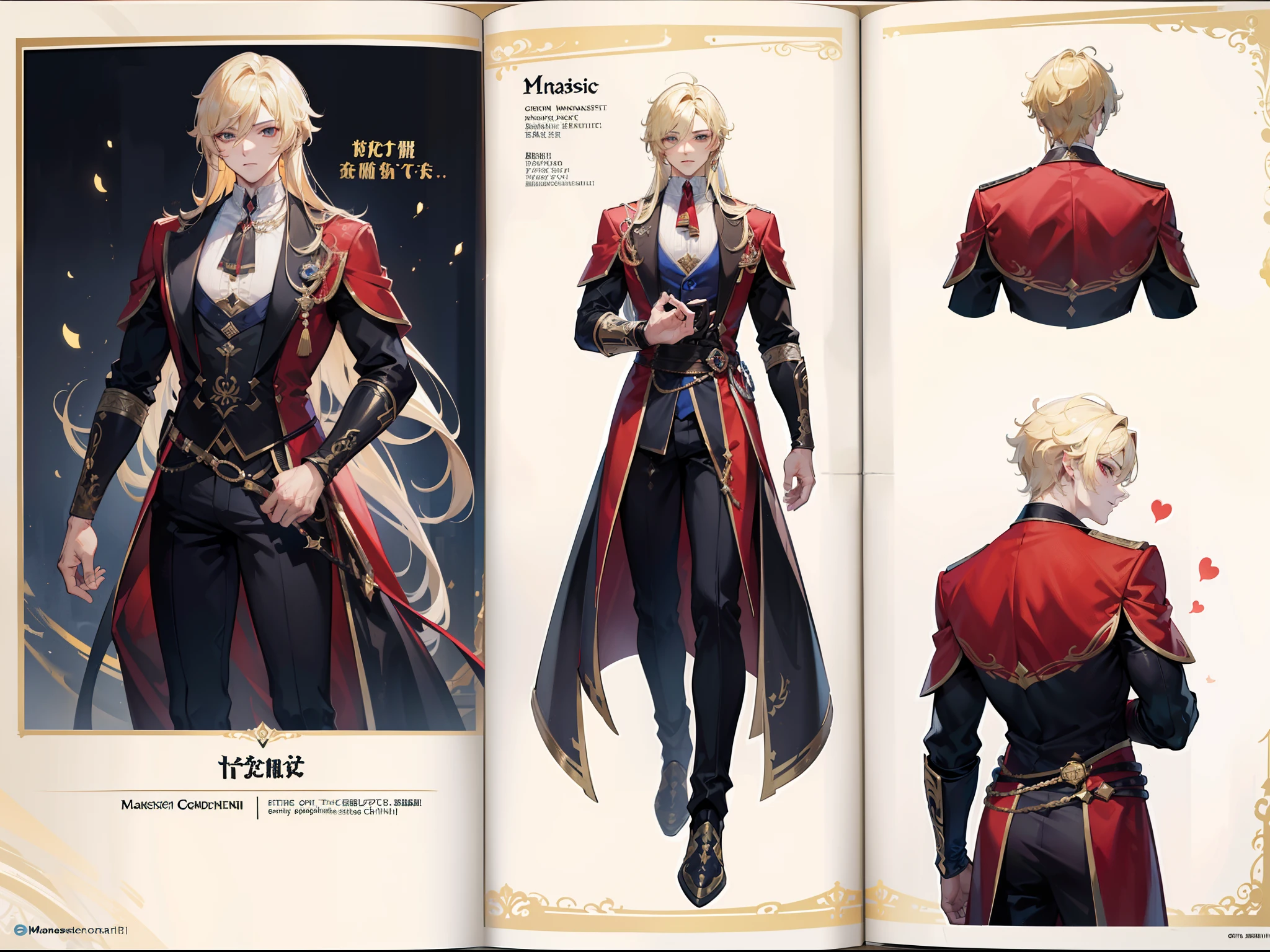 ((Masterpiece, Highest quality)), Male, boy, Detailed face, character design sheet， full bodyesbian, Full of details, frontal body view, back body view, Highly detailed, Depth, Many parts, Muscle boy with blonde long hair，handsome man, vampire outfit clothes, Genshin Impact, man tall