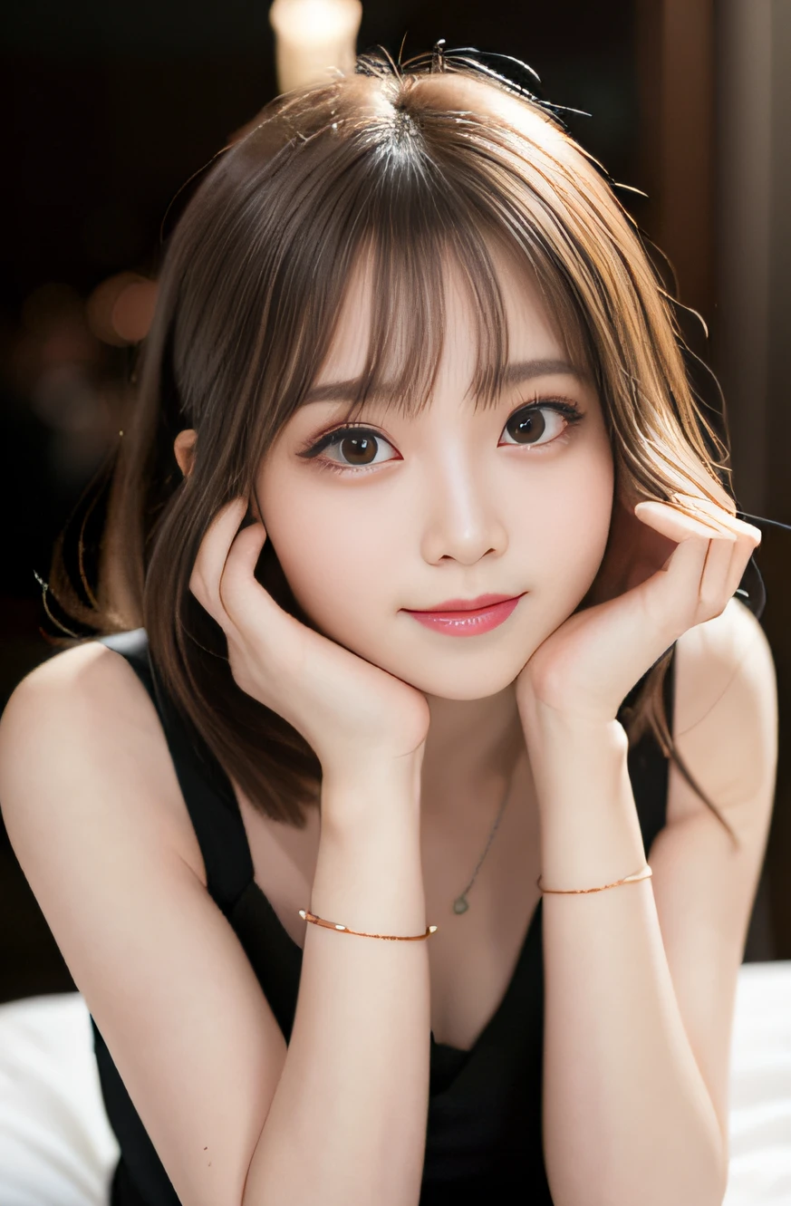 masterpiece, best quality, 8k, 15yo, teen, raw photo, award winning portrait, smile, smile, solo, idol face, beautiful, extremely pretty, cute, japanese women,female idol, round big eyes, small nostrils, light makeup, big round eyes, narrow waist, delicate girl, upper body, DSLR, looking at viewer, candid, sophisticated, youthful, thin arms, professional lighting, (detailed eyes and face:1.0), (bokeh:1.1)