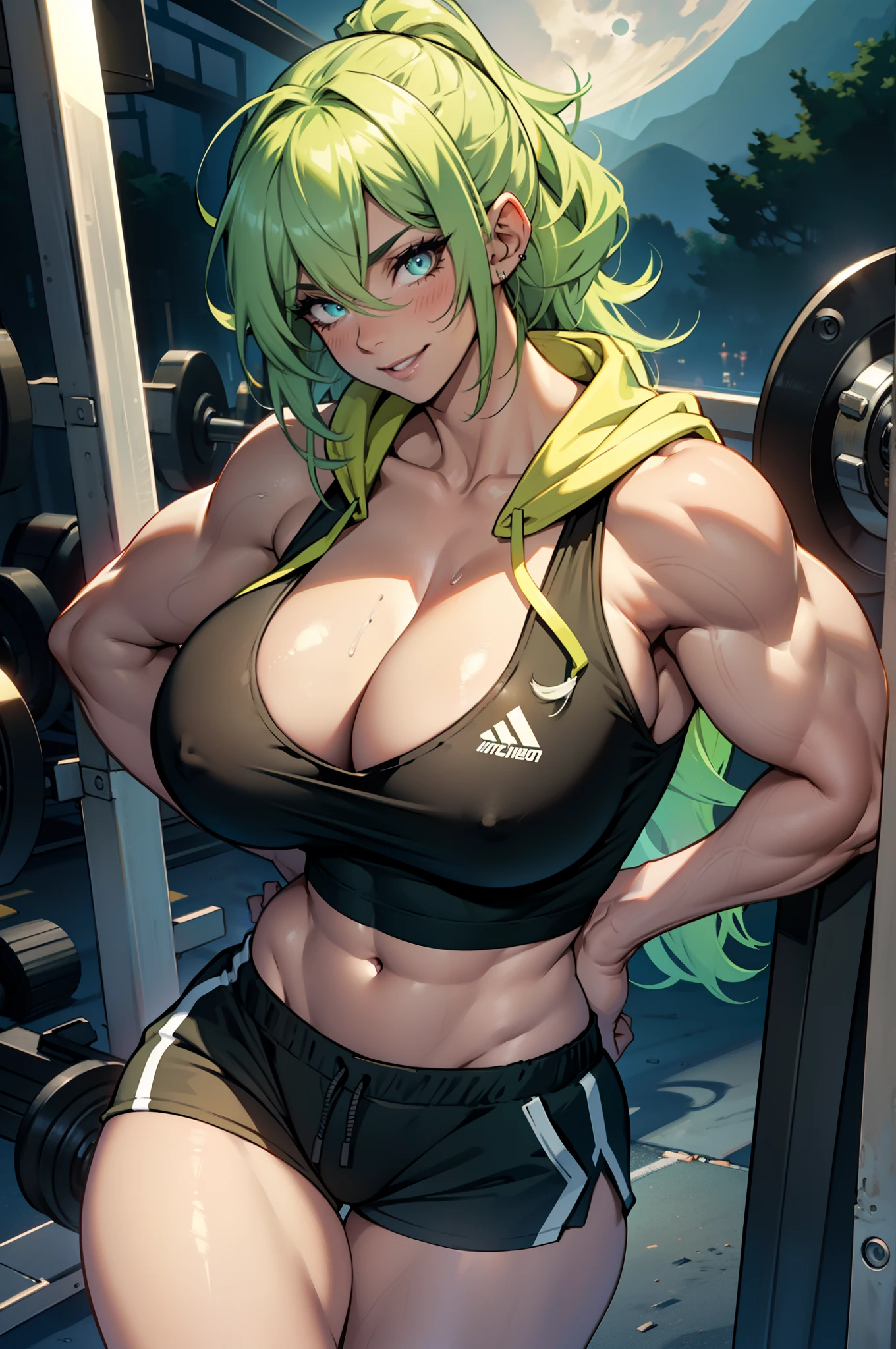 Perfect CG unity 8K UHD wallpaper( latina girl huge gigantic breasts cleavage showing bodybuilder muscular toned body, pale skin, long green colored hair, vibrant glowing moonlight eyes, long detailed eyelashes) smiling sexy seductive facial expression, blushing, thick thighs, standing in a dynamic pose, wearing a hoodie tank top and shorts, in a fitness gym, perfect masterpiece, best quality, best resolution