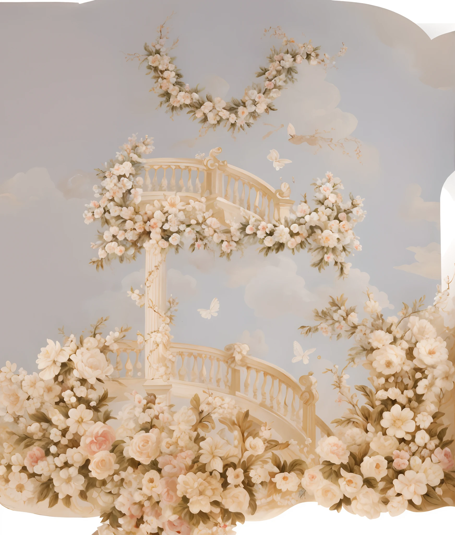 There is a painting of a white staircase with flowers, Baroque painting scenery, floral painted backdrop, stunning arcanum backdrop, rococo elements, ivory rococo, ornate backdrop, Rococo Decorations, Directed by: Li Mei-shu, Romantismo estilo de arte, heavens, heaven, coliseum backdrop, sonho floral, barroco, rococo art style
