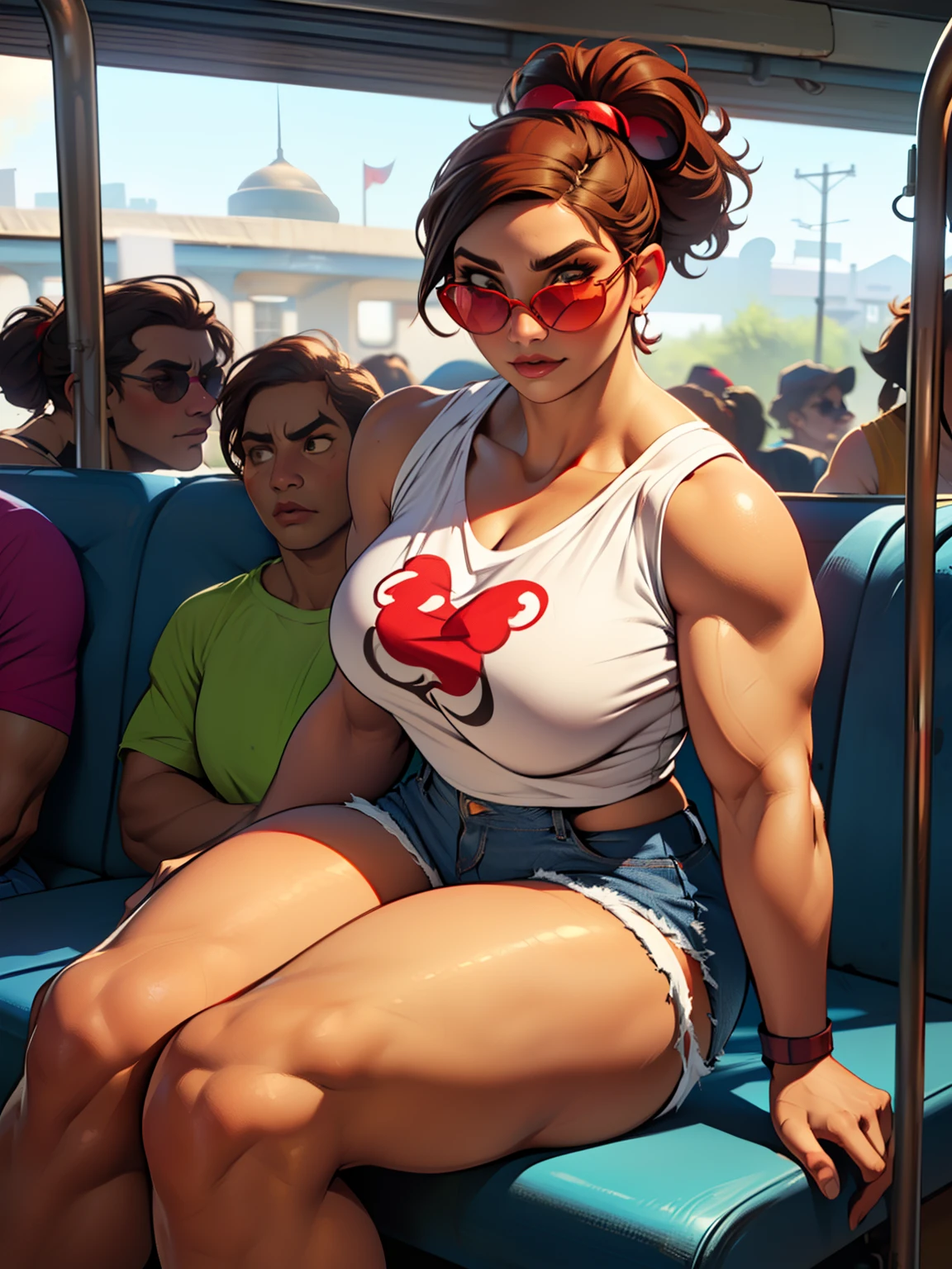 (((Luisa Madrigal from Disney's Enchanto))),  perfect hands, smooth face, ((wide shoulder)), perfect legs, perfect skin, (((wearing a sunglasses))), curvy body, ((denim shorts)), toned skin, (((sleeveless t-shirt: red color))), inside a very crowded train, thick thighs, (((muscular woman))), ((sitting))