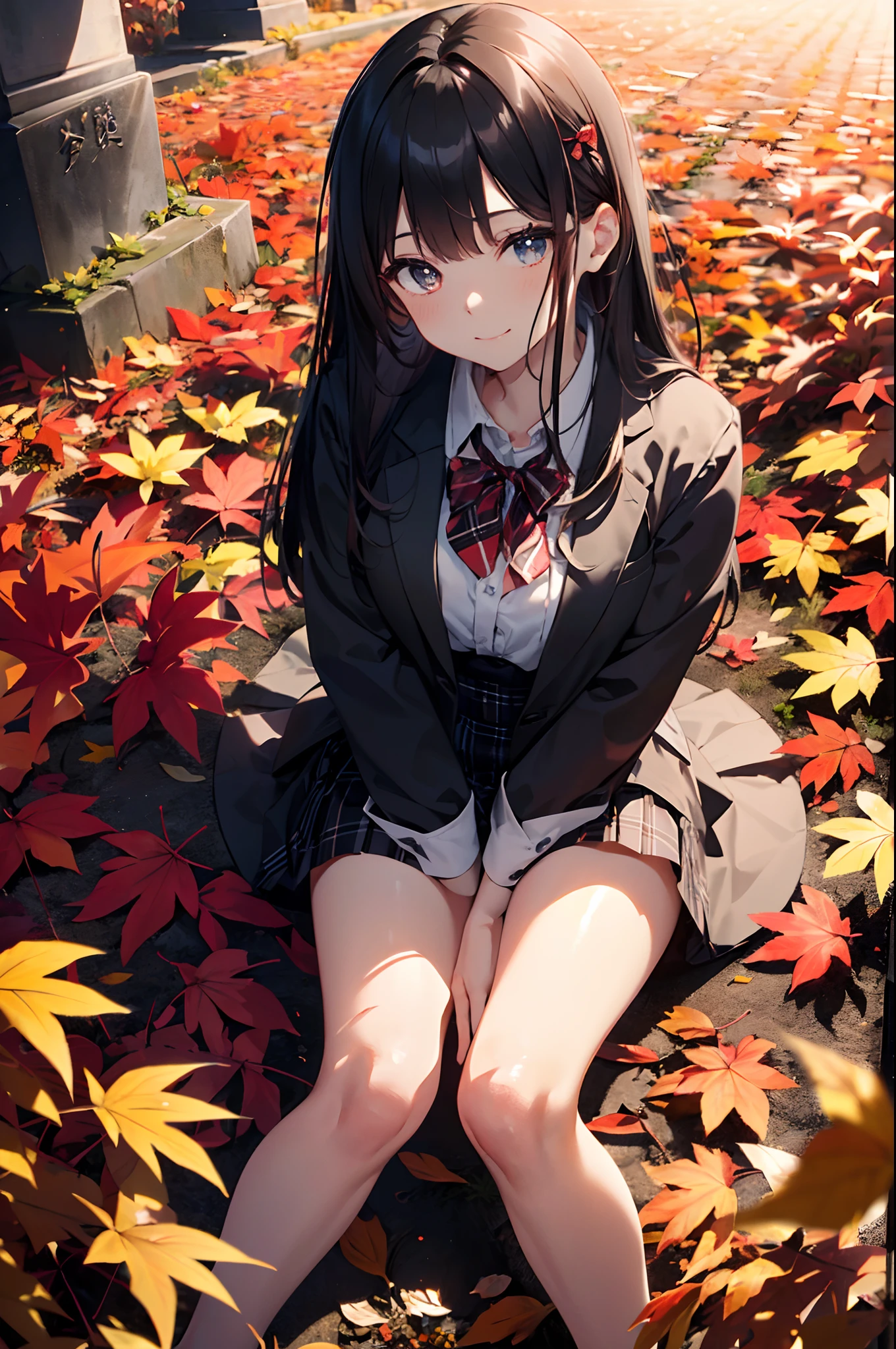 (Official art、Best Quality、Unity 8k Wallpapers、32K、​masterpiece、ultra-detailliert、超A high resolution、realisitic、Photorealsitic:1.2)、(Cinematic lighting:1.2)、Fireglow effect、film grains、Best Shadows、Rim lighting、side lights、(Ultra-detailed and complex 3D rendering)、Sharp pupils、Realistic pupils、cowboy  shot, Highly detailed background、beauitful face、blurry backround、a beauty girl、(super detailed skin、detailed skin textures:1.3)、Close-up of a statue in a field of red leaves, covered with fallen leaves, Red leaves on the ground, Autumn garden, Beautiful Autumn Spirits, covered with leaves, aomori japan, Cute, in autumn, red leaves, in japanese garden, in autumn, during autumn, autum, traditional japanese colors, japan nature、(From  above、Lie down:1.3)、(outside of house、thighs thighs thighs thighs)、blazers、The shirt、Plaid bow tie、Plaid pleated mini skirt、15 year old beautiful girl、Beautiful black hair、Blunt bangs、eyes are brown、looking happy smile、