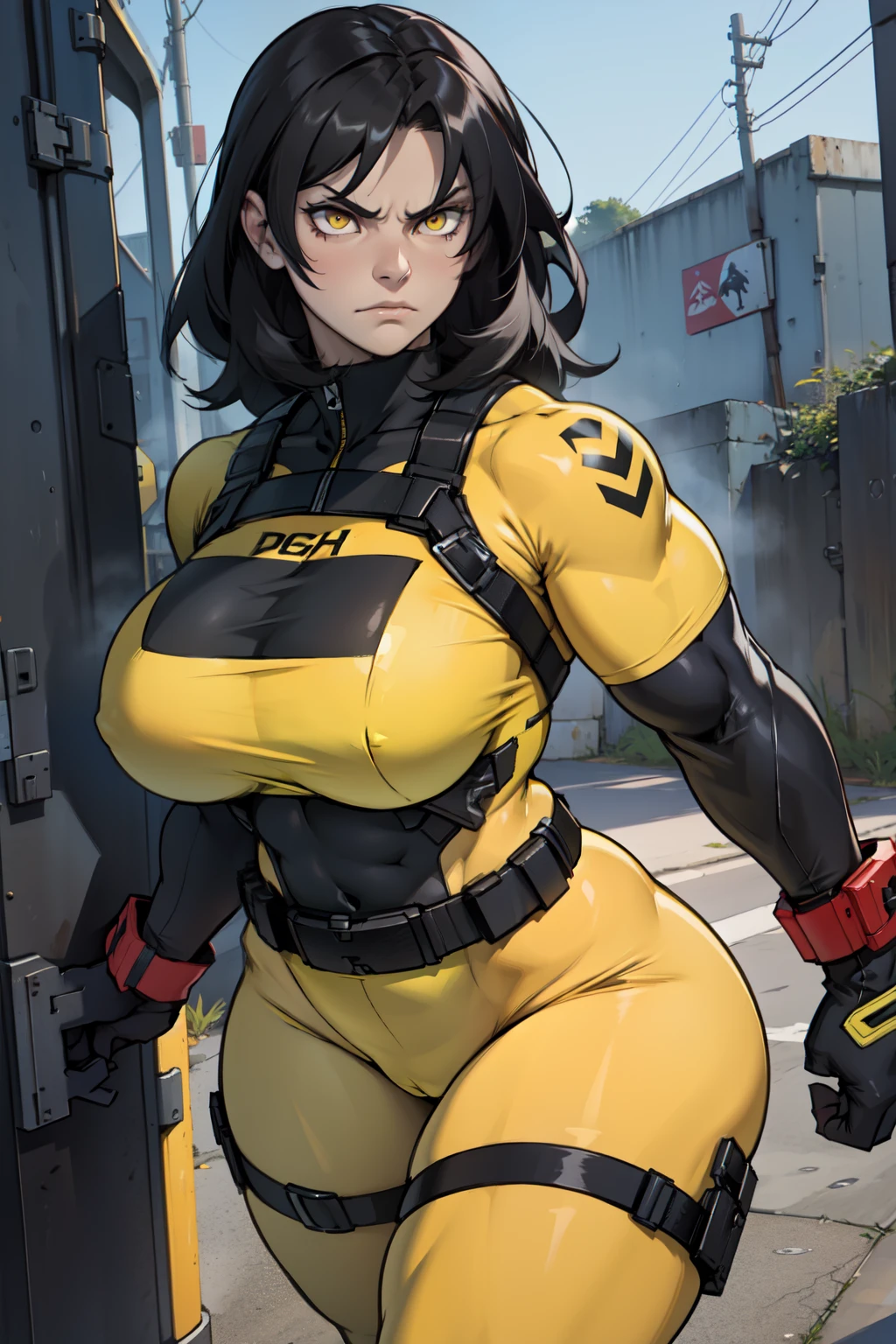 angry muscular thick thighs huge breasts pale skin black hair yellow eyes girl skintight tactical gear