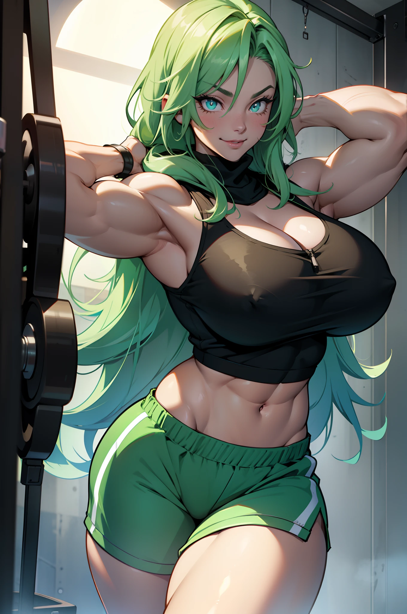 Perfect CG unity 8K UHD wallpaper( latina girl huge gigantic breasts cleavage showing bodybuilder muscular toned body, pale skin, long green colored hair, vibrant glowing moonlight eyes, long detailed eyelashes) smiling sexy seductive facial expression, blushing, thick thighs, standing in a dynamic pose, wearing a hoodie tank top and shorts, in a fitness gym, perfect masterpiece, best quality, best resolution